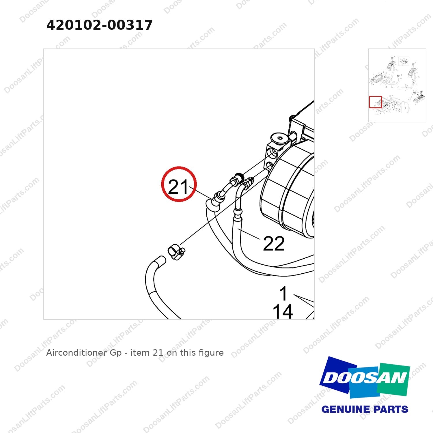420102-00317 Airconditioner Gp - parts diagram, item 21 shown - genuine Doosan / Bobcat forklift part
