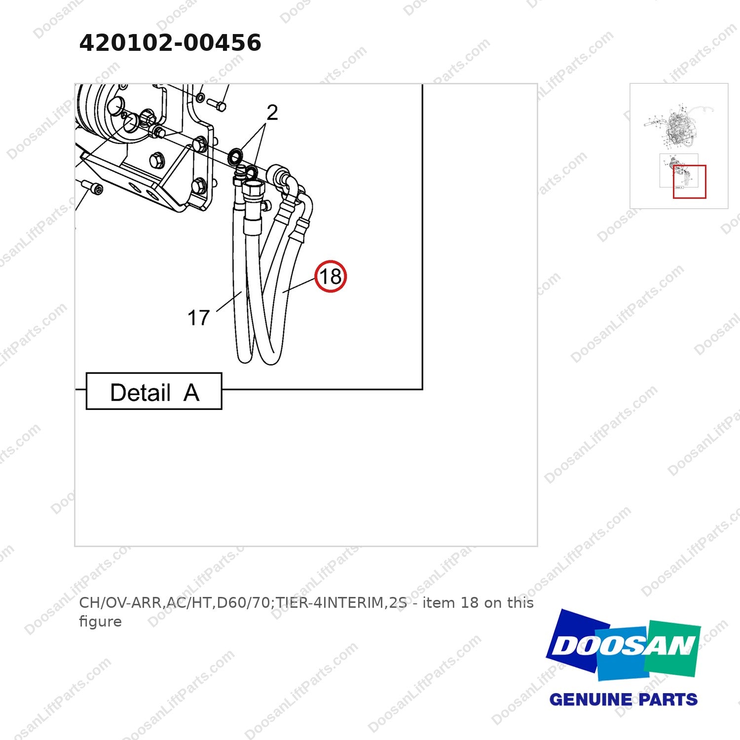 420102-00456 CH/OV-ARR,AC/HT,D60/70;TIER-4INTERIM,2S - parts diagram, item 18 shown - genuine Doosan / Bobcat forklift part