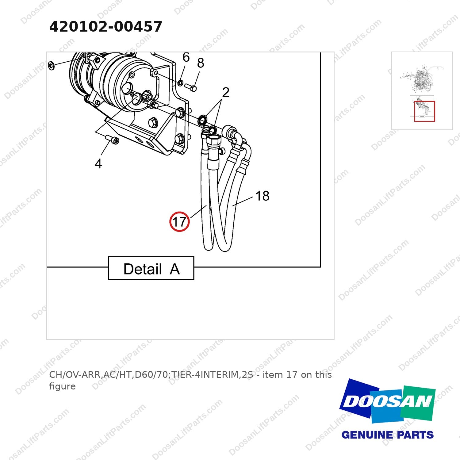420102-00457 CH/OV-ARR,AC/HT,D60/70;TIER-4INTERIM,2S - parts diagram, item 17 shown - genuine Doosan / Bobcat forklift part