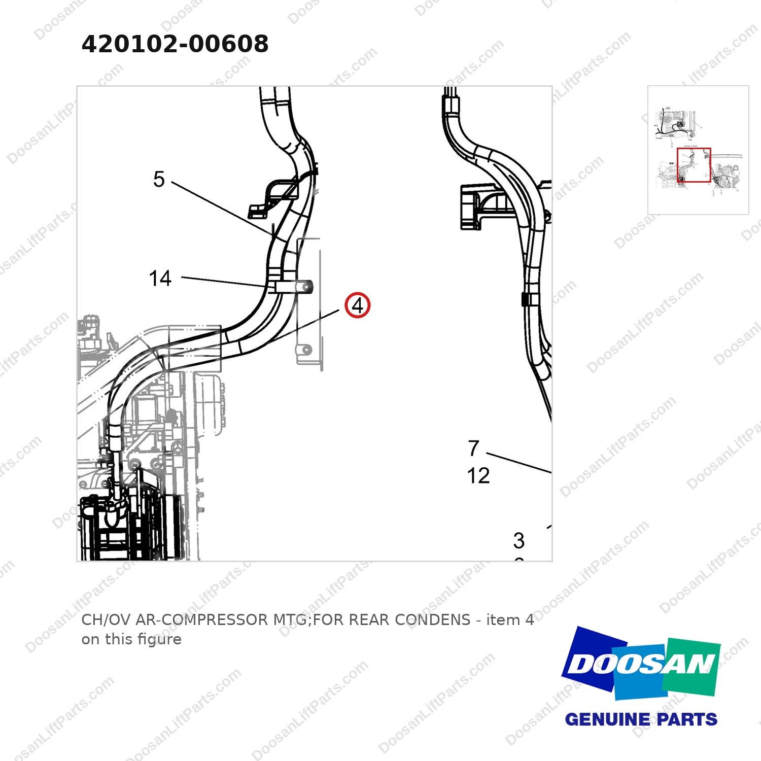 420102-00608 CH/OV AR-COMPRESSOR MTG;FOR REAR CONDENS - parts diagram, item 4 shown - genuine Doosan / Bobcat forklift part