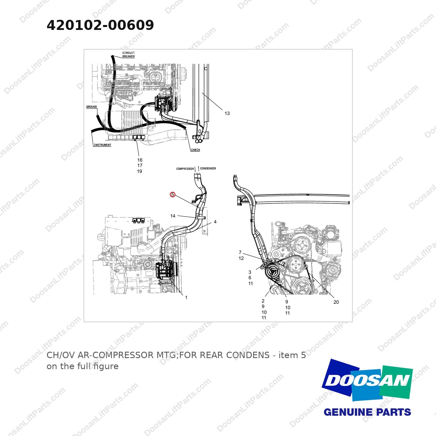 420102-00609 CH/OV AR-COMPRESSOR MTG;FOR REAR CONDENS - full parts diagram, item 5 marked - genuine Doosan / Bobcat forklift part