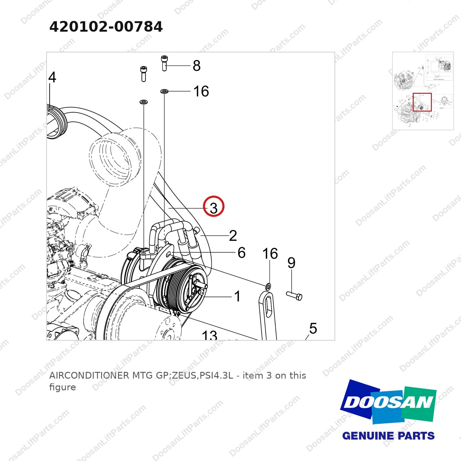 420102-00784 AIRCONDITIONER MTG GP;ZEUS,PSI4.3L - parts diagram, item 3 shown - genuine Doosan / Bobcat forklift part