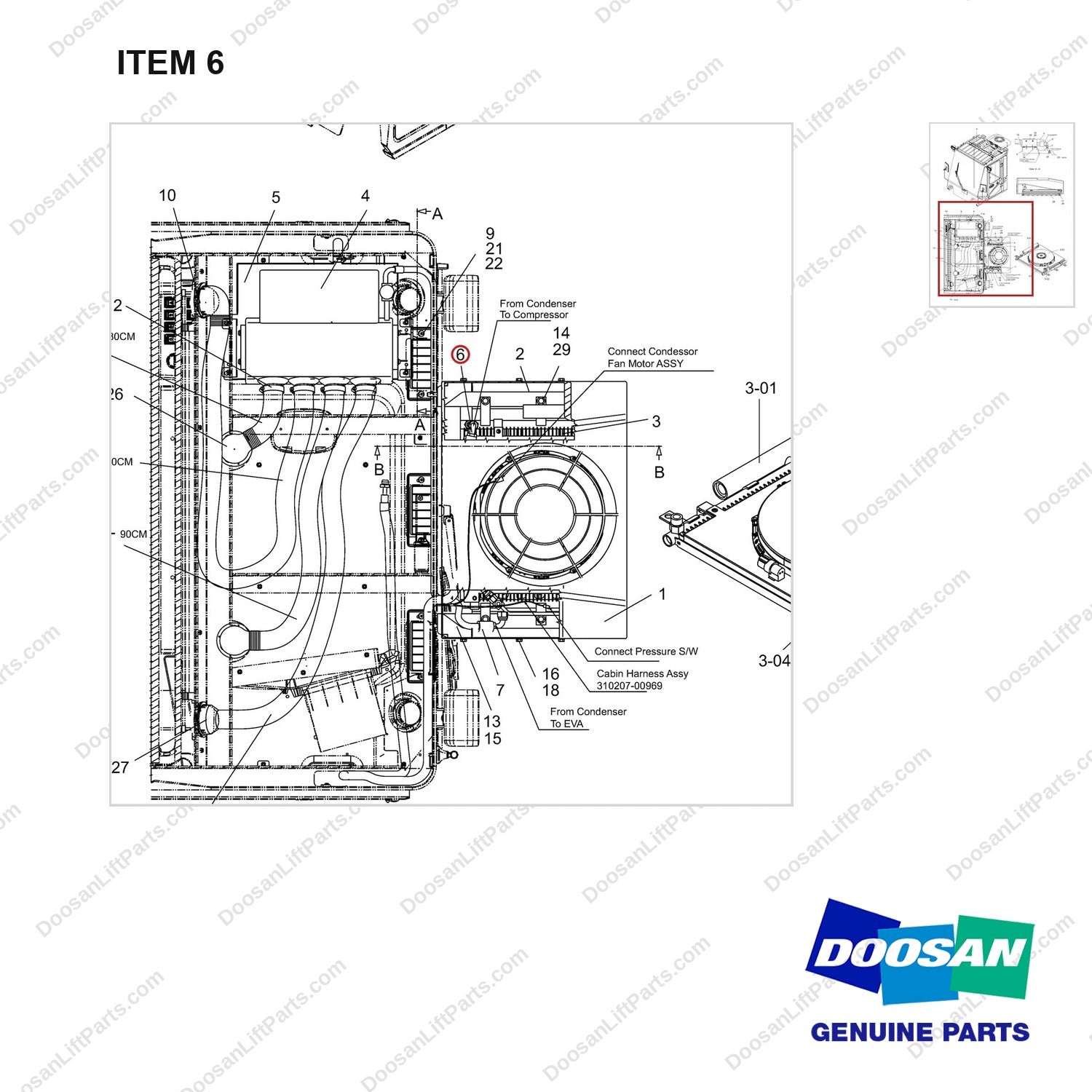 420102-00883 Air Conditioner Gp - Cabin - parts diagram, item 6 shown - genuine Doosan / Bobcat forklift part