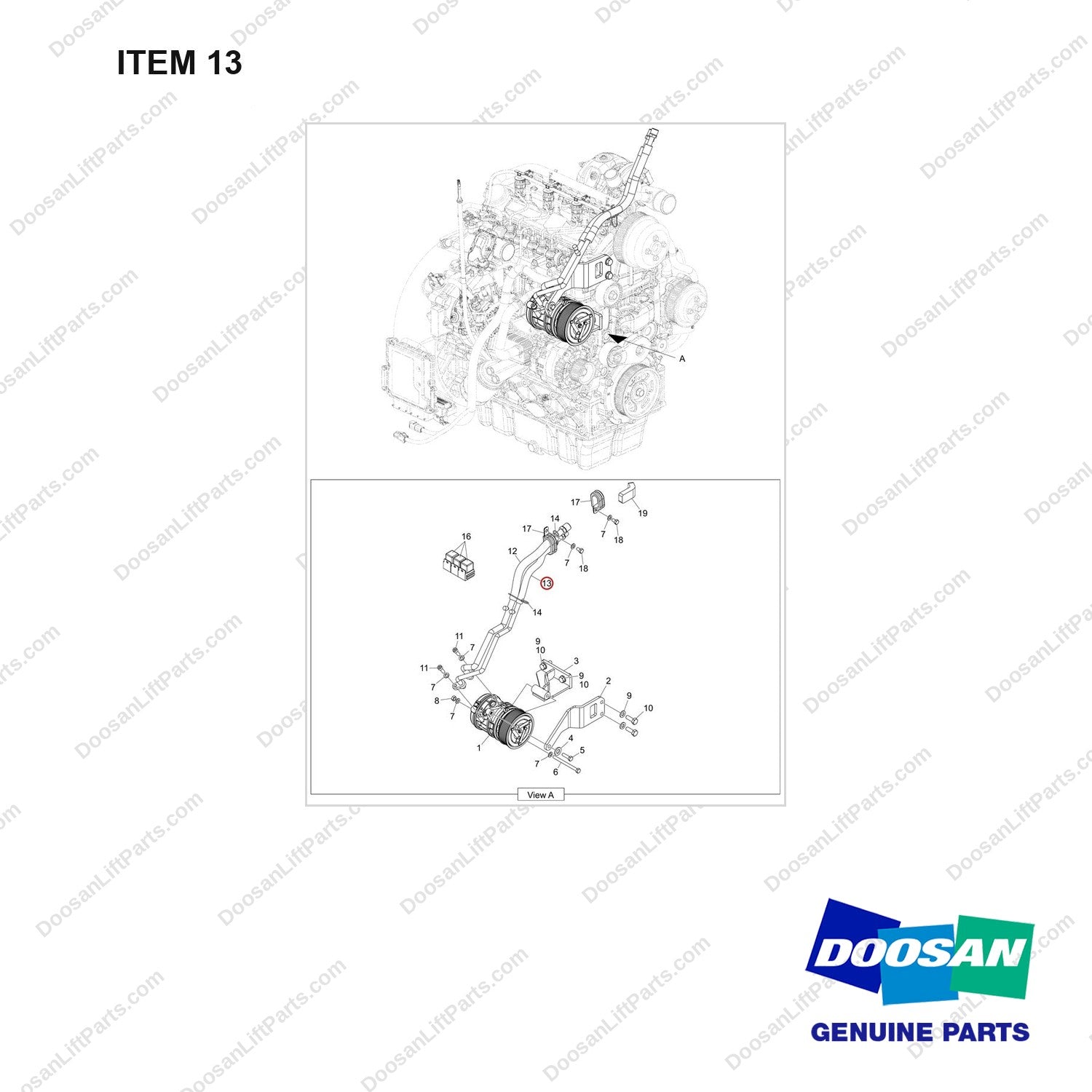 420102-01557 AIR CONDITION GP_LINE;4T 55KW - full parts diagram, item 13 marked - genuine Doosan / Bobcat forklift part