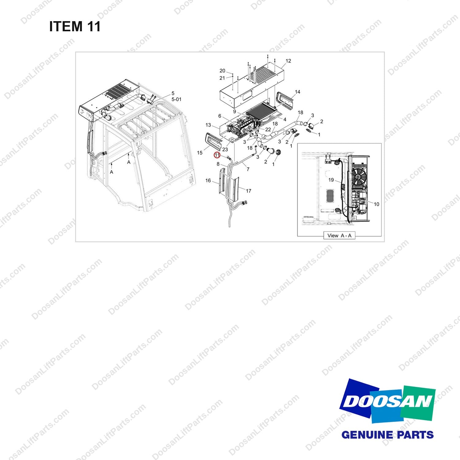 420102-01644 AIRCON SYSTEM;100MM HIGH CABIN - full parts diagram, item 11 marked - genuine Doosan / Bobcat forklift part