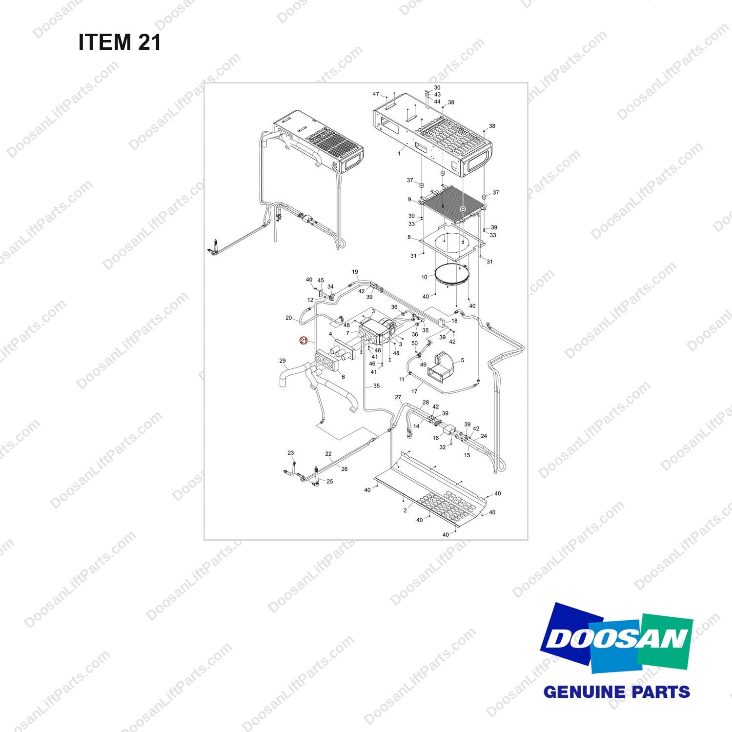 420102-01739 CONDITIONER ASSY,AIR;D160S-9 - full parts diagram, item 21 marked - genuine Doosan / Bobcat forklift part