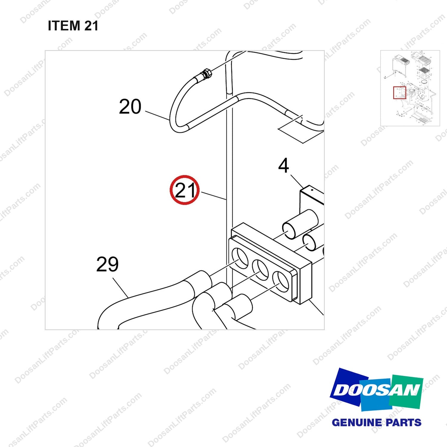 420102-01739 CONDITIONER ASSY,AIR;D160S-9 - parts diagram, item 21 shown - genuine Doosan / Bobcat forklift part