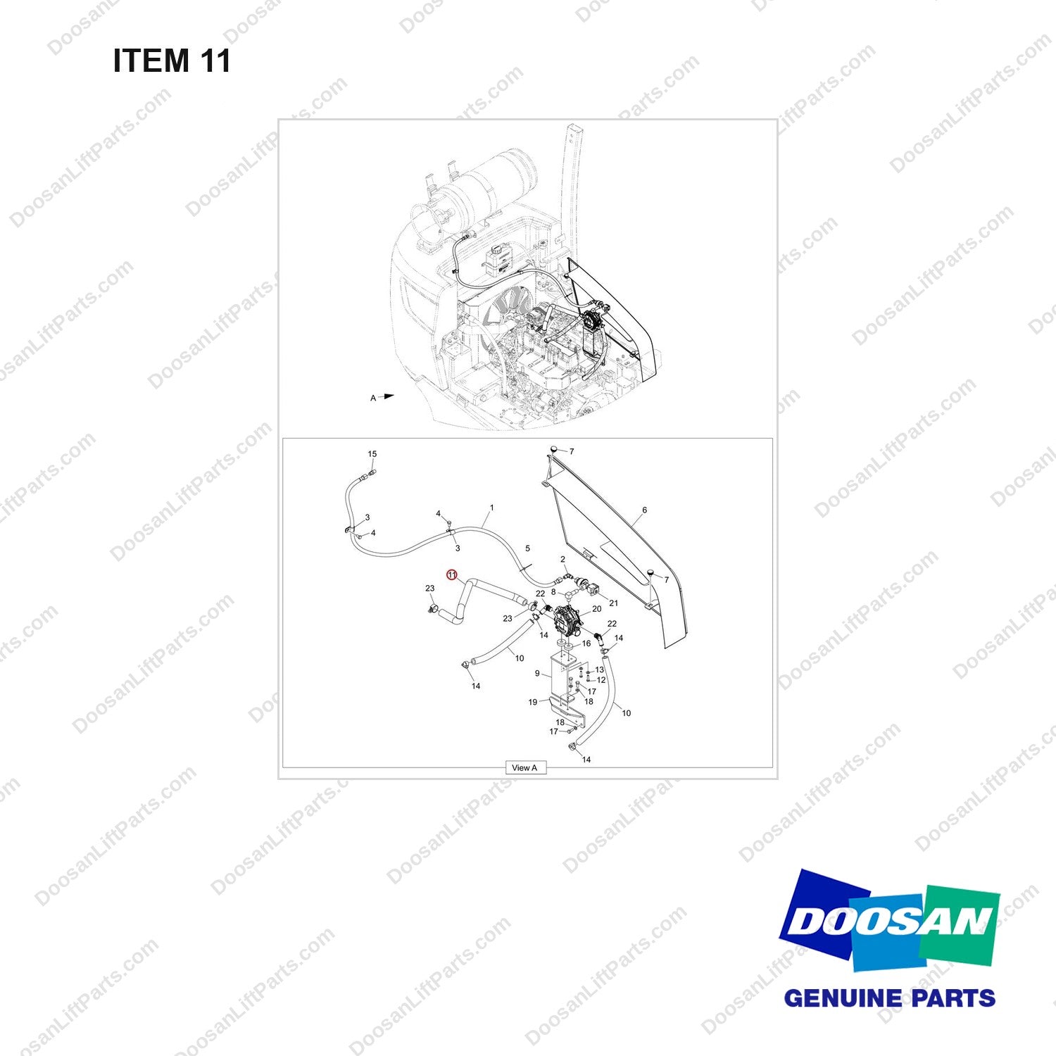 420103-00827 PIPE GROUP,FUEL;GC45S-9(KUBOTA) - full parts diagram, item 11 marked - genuine Doosan / Bobcat forklift part