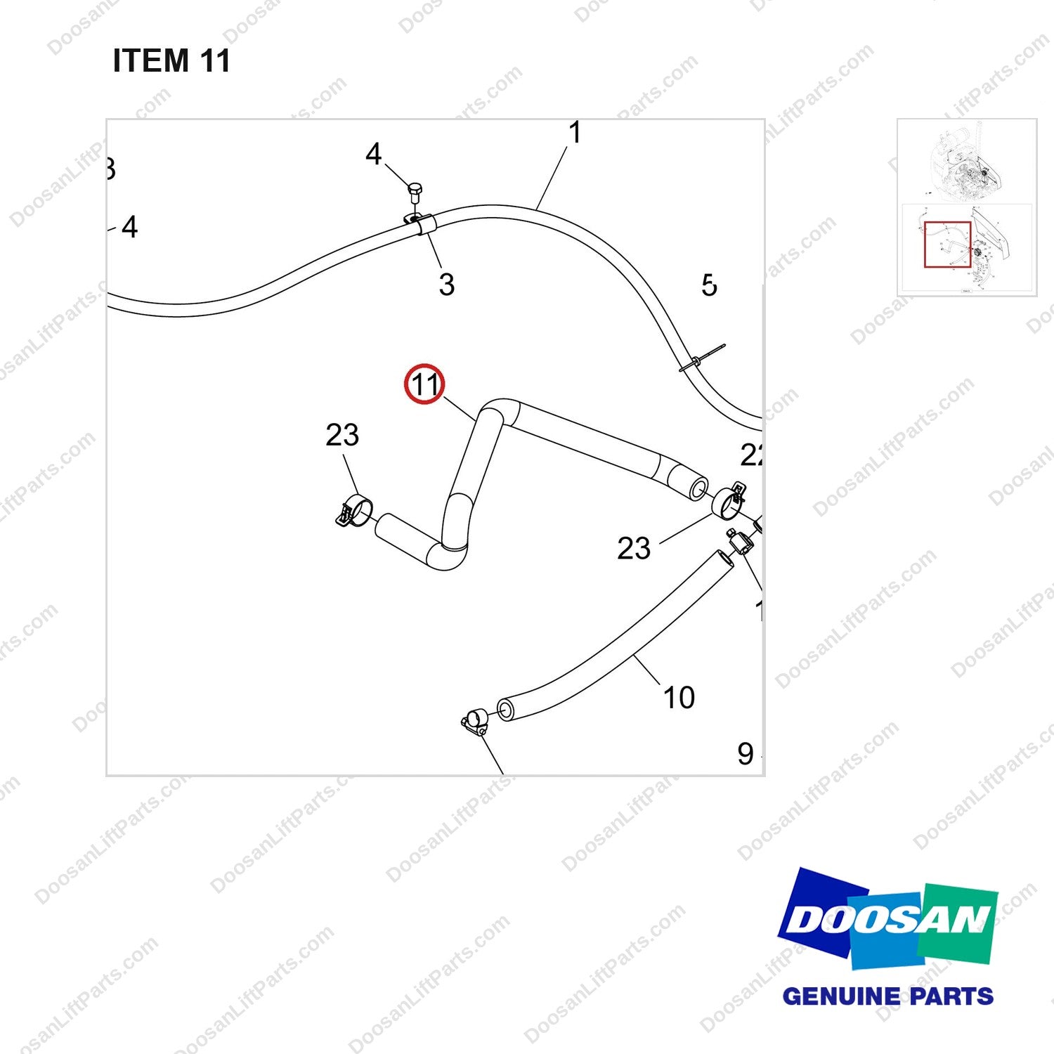 420103-00827 PIPE GROUP,FUEL;GC45S-9(KUBOTA) - parts diagram, item 11 shown - genuine Doosan / Bobcat forklift part