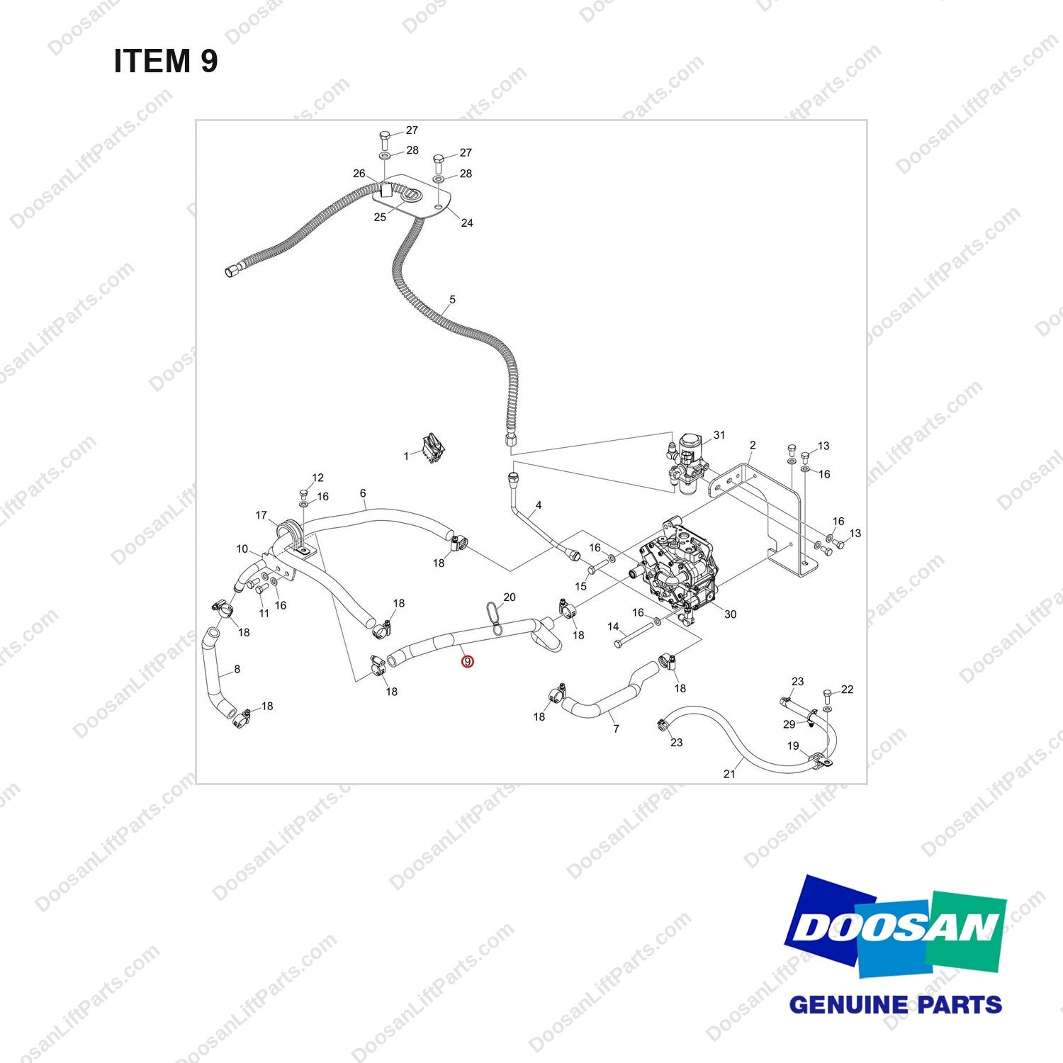 420103-00861 FUEL GP_LINE;G25S-9, DF, EPA/CARB, FINGE - full parts diagram, item 9 marked - genuine Doosan / Bobcat forklift part