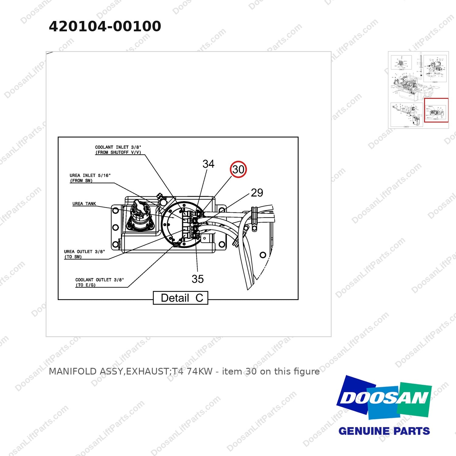 420104-00100 MANIFOLD ASSY,EXHAUST;T4 74KW - parts diagram, item 30 shown - genuine Doosan / Bobcat forklift part