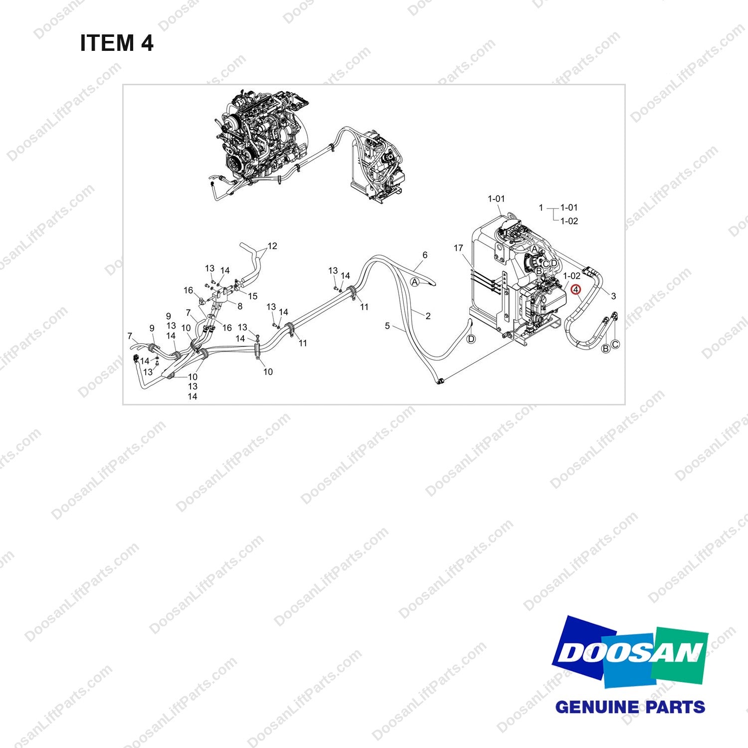 420104-00230 UREA GP;SUB - full parts diagram, item 4 marked - genuine Doosan / Bobcat forklift part