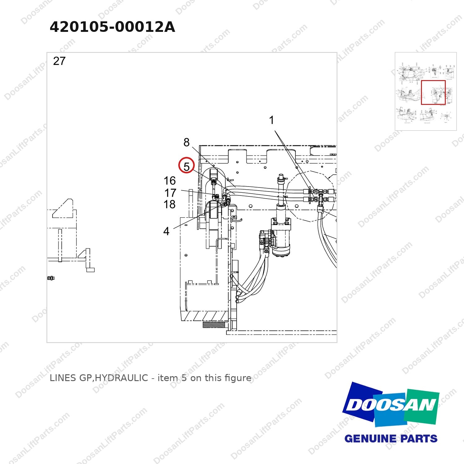 420105-00012A LINES GP,HYDRAULIC - parts diagram, item 5 shown - genuine Doosan / Bobcat forklift part