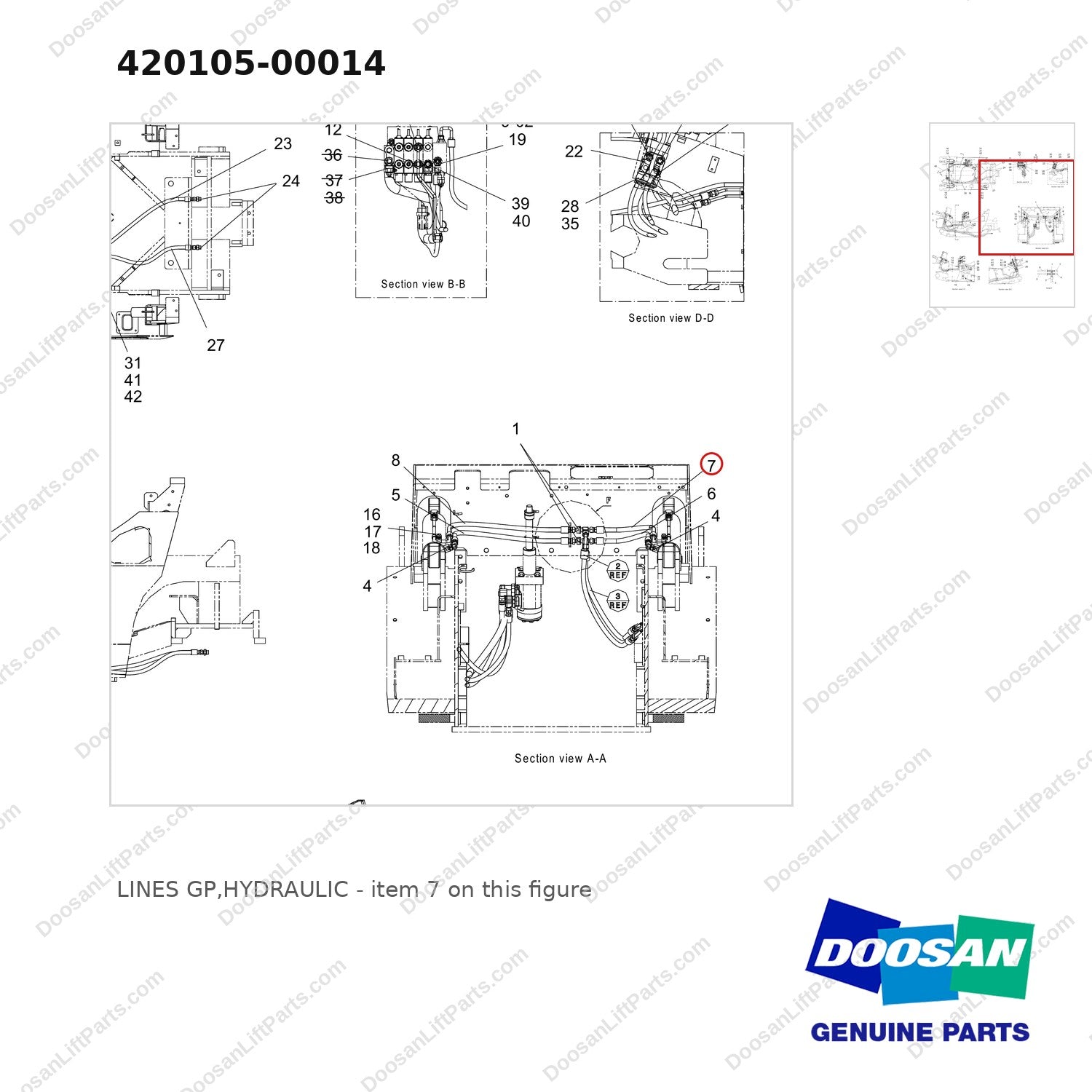 420105-00014 LINES GP,HYDRAULIC - parts diagram, item 7 shown - genuine Doosan / Bobcat forklift part