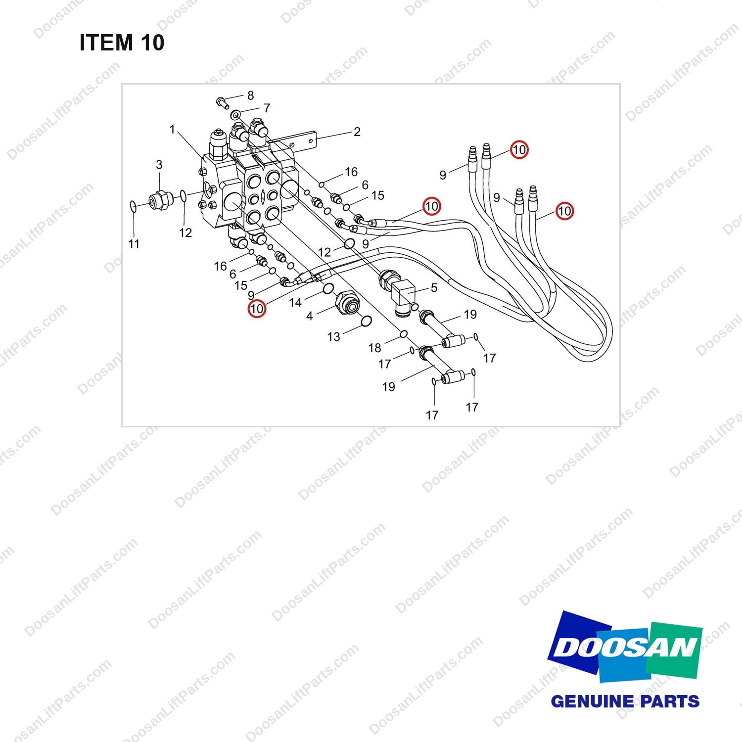 420105-00333 VALVE,MAIN CONTROL;2SPOOL,SUB - full parts diagram, item 10 marked - genuine Doosan / Bobcat forklift part