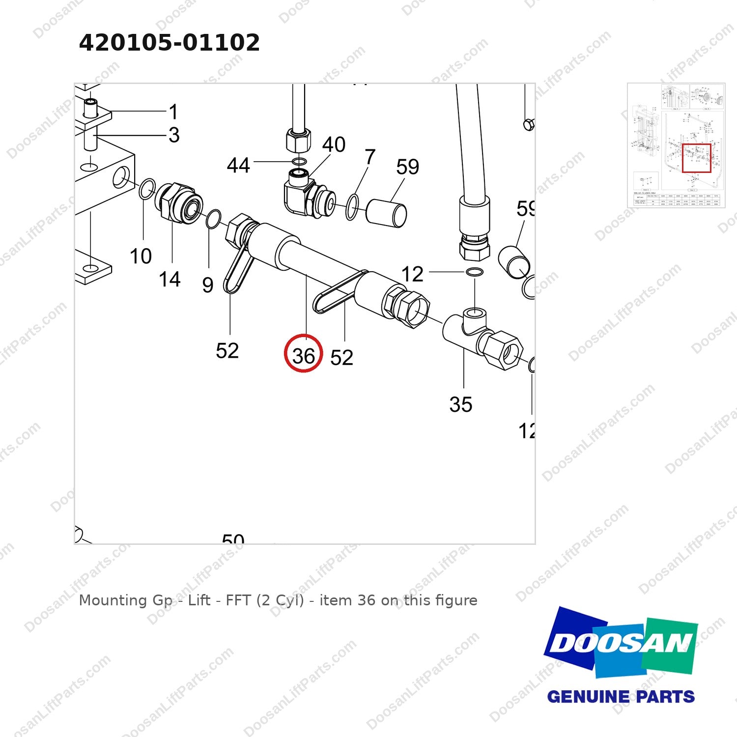 420105-01102 Mounting Gp - Lift - FFT (2 Cyl) - parts diagram, item 36 shown - genuine Doosan / Bobcat forklift part