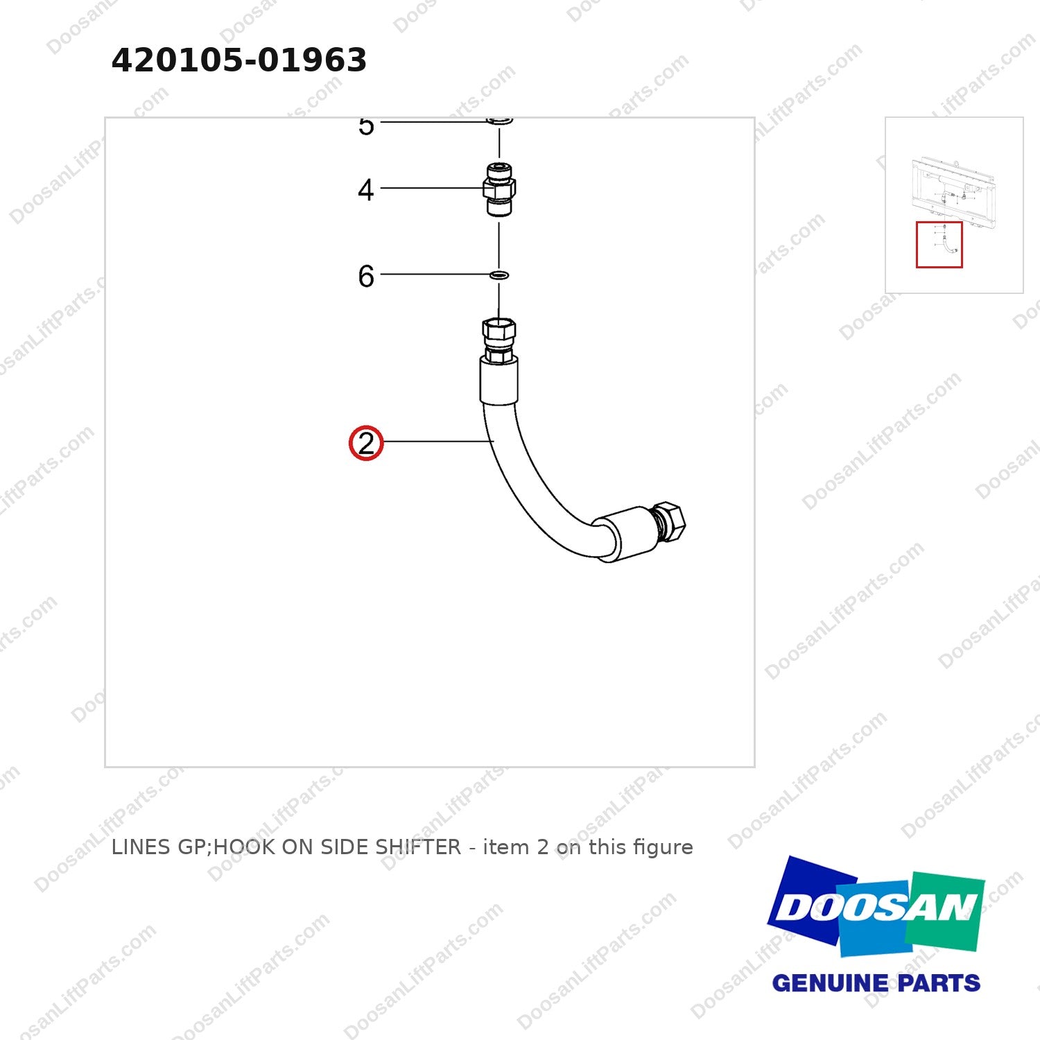 420105-01963 LINES GP;HOOK ON SIDE SHIFTER - parts diagram, item 2 shown - genuine Doosan / Bobcat forklift part