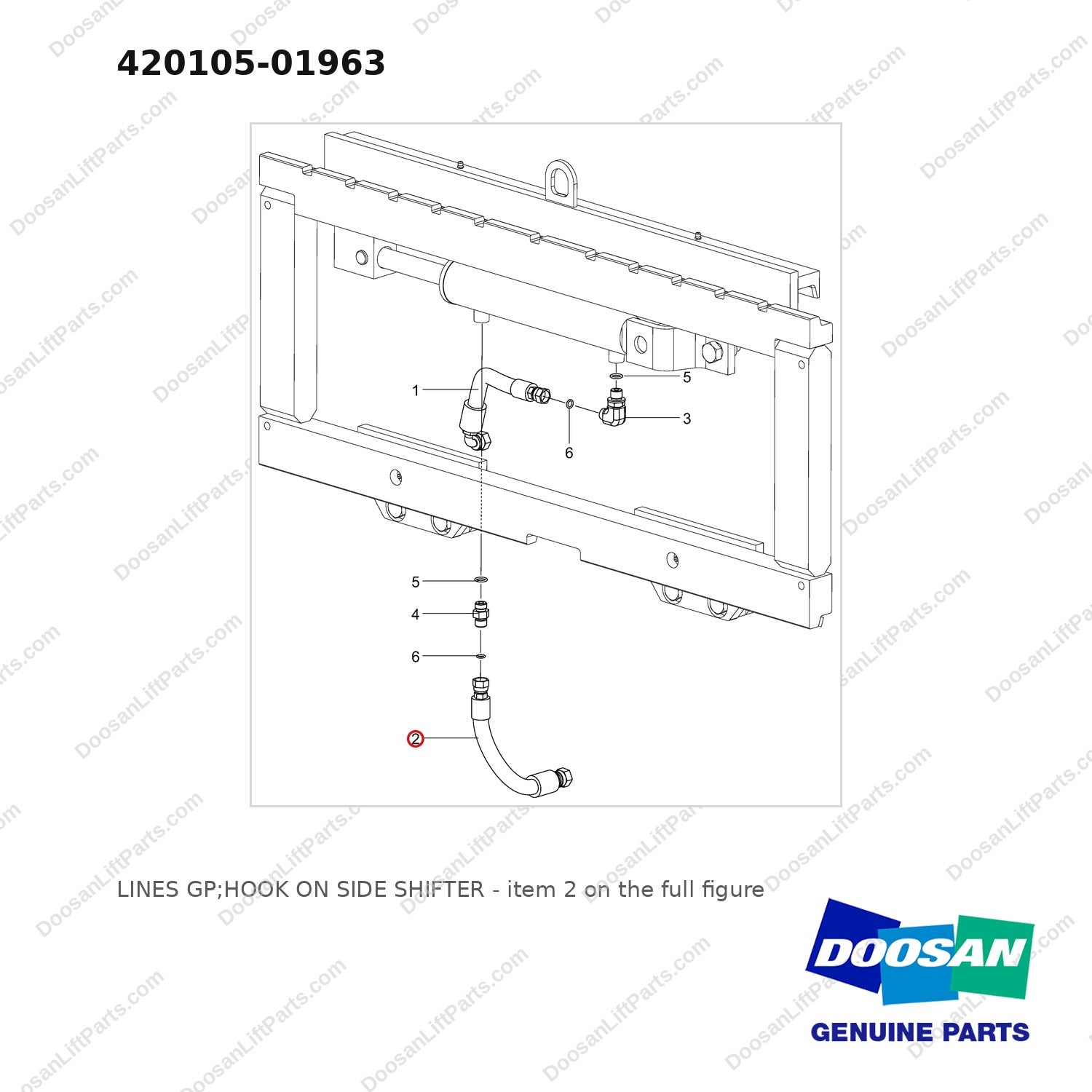 420105-01963 LINES GP;HOOK ON SIDE SHIFTER - full parts diagram, item 2 marked - genuine Doosan / Bobcat forklift part