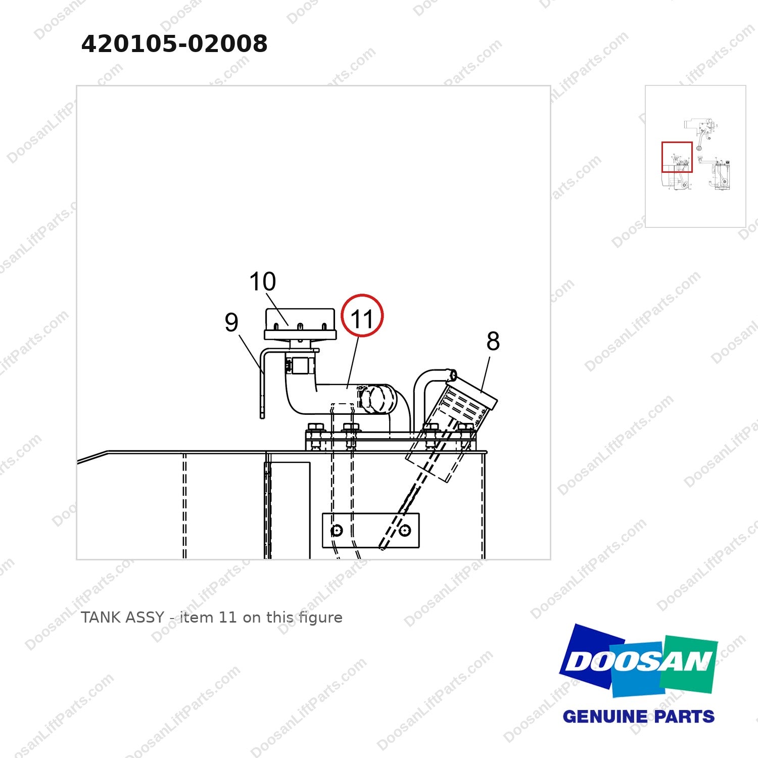 420105-02008 TANK ASSY - parts diagram, item 11 shown - genuine Doosan / Bobcat forklift part