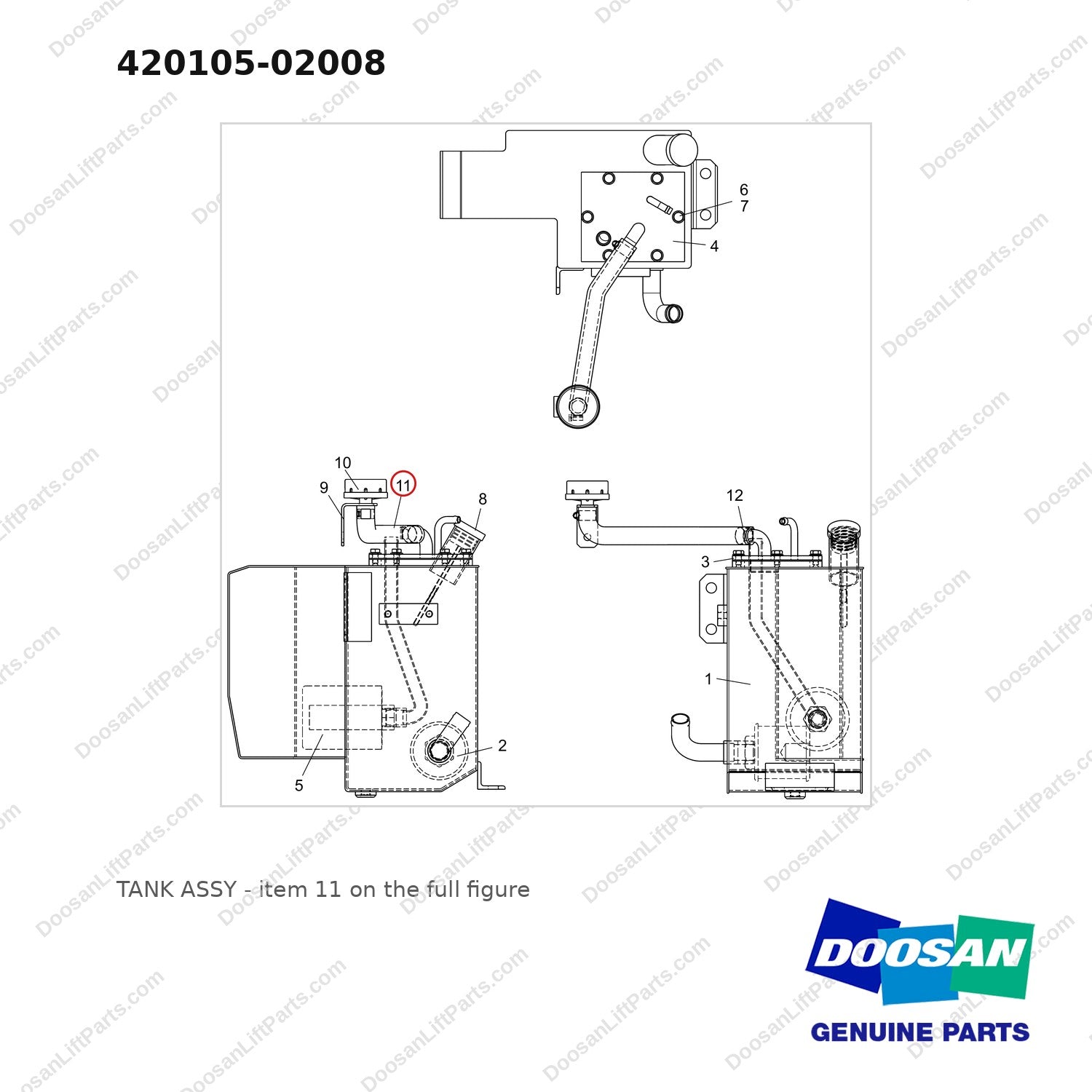 420105-02008 TANK ASSY - full parts diagram, item 11 marked - genuine Doosan / Bobcat forklift part