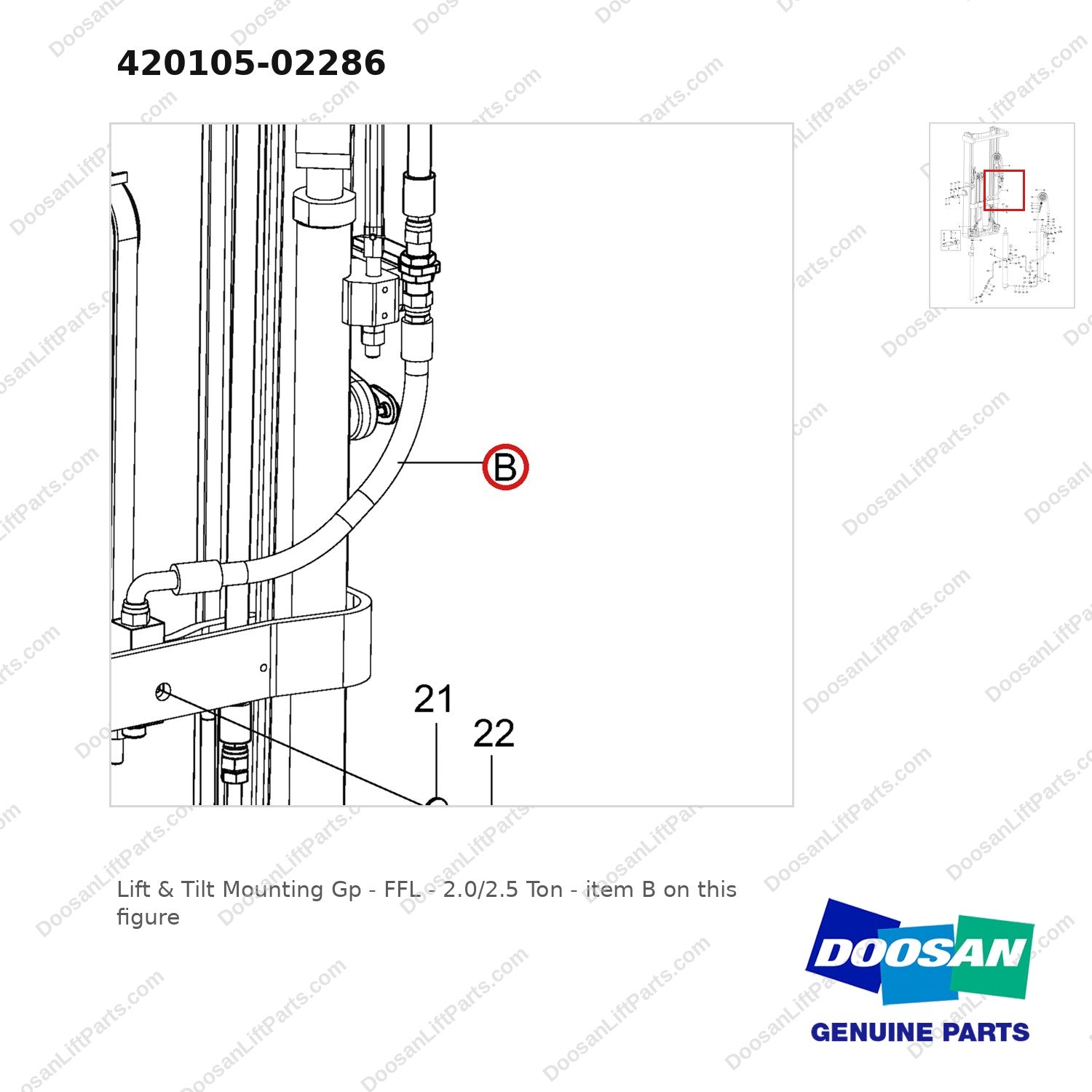 420105-02286 Lift & Tilt Mounting Gp - FFL - 2.0/2.5 Ton - parts diagram, item B shown - genuine Doosan / Bobcat forklift part