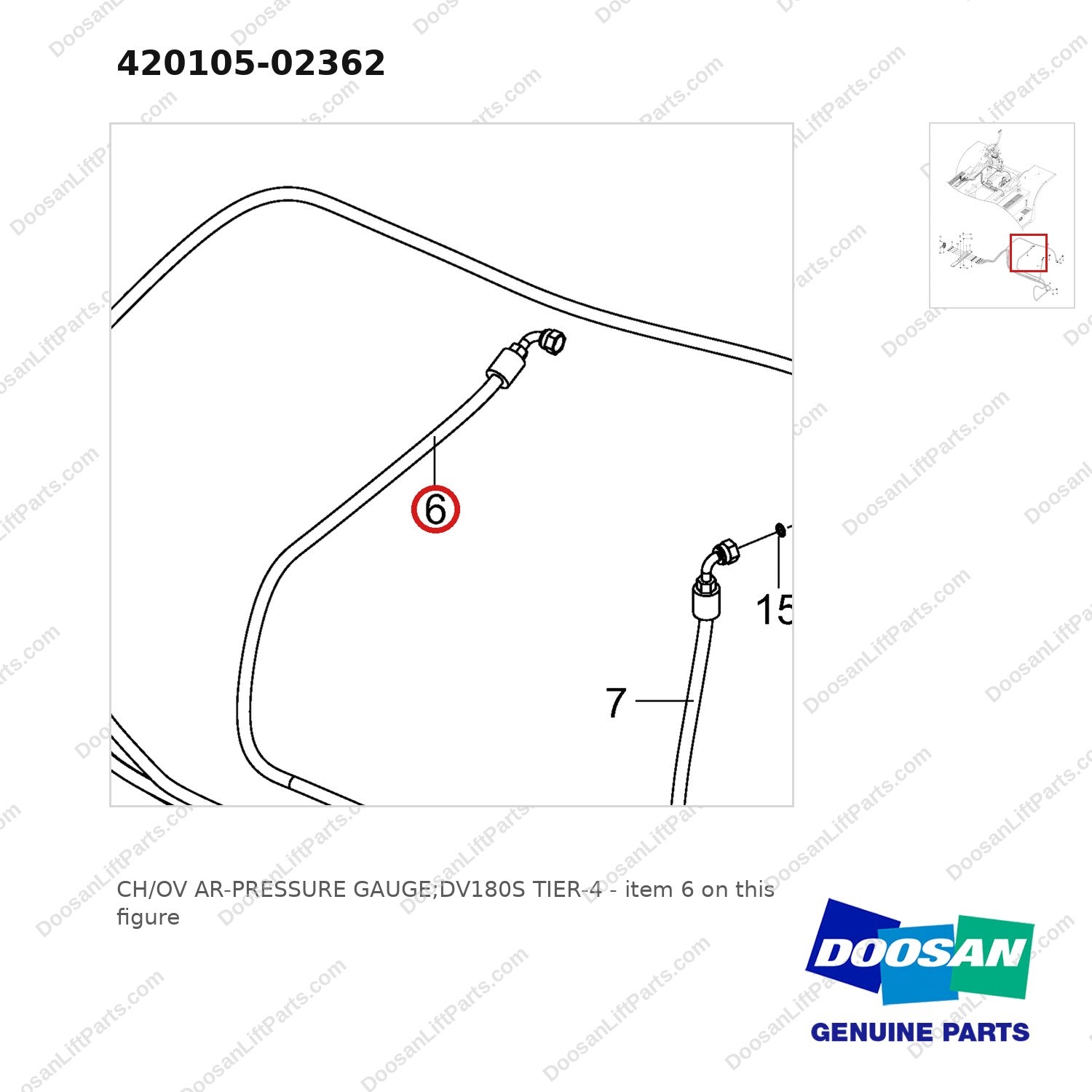 420105-02362 CH/OV AR-PRESSURE GAUGE;DV180S TIER-4 - parts diagram, item 6 shown - genuine Doosan / Bobcat forklift part