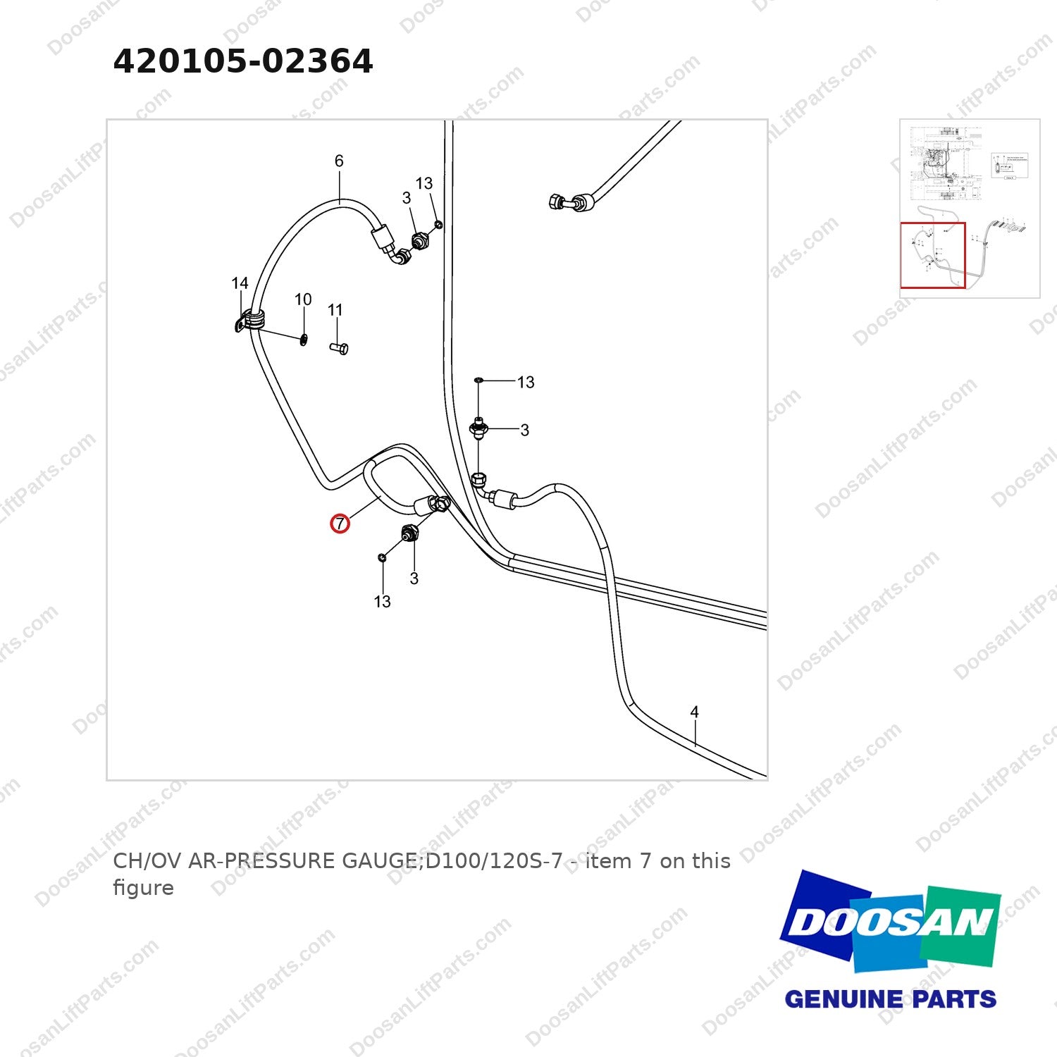 420105-02364 CH/OV AR-PRESSURE GAUGE;D100/120S-7 - parts diagram, item 7 shown - genuine Doosan / Bobcat forklift part