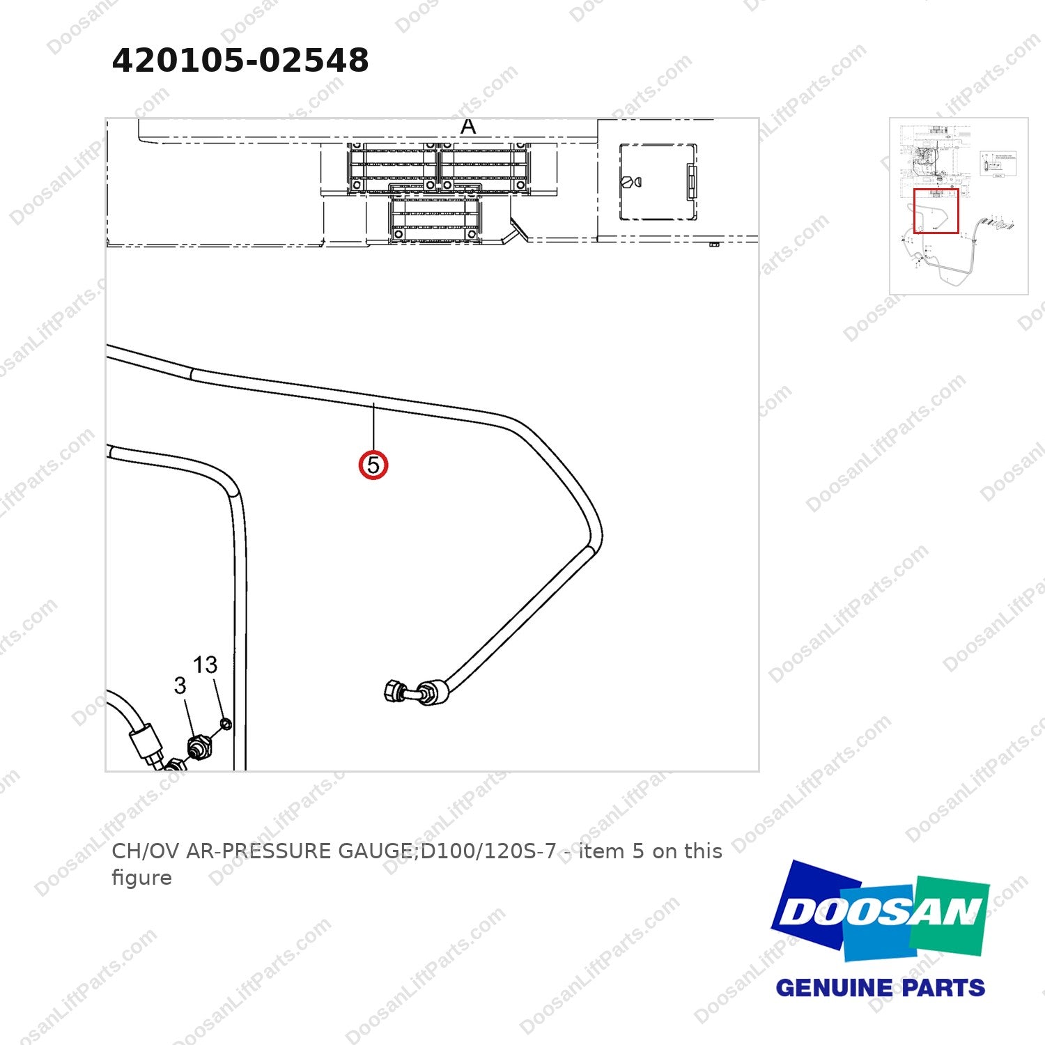 420105-02548 CH/OV AR-PRESSURE GAUGE;D100/120S-7 - parts diagram, item 5 shown - genuine Doosan / Bobcat forklift part