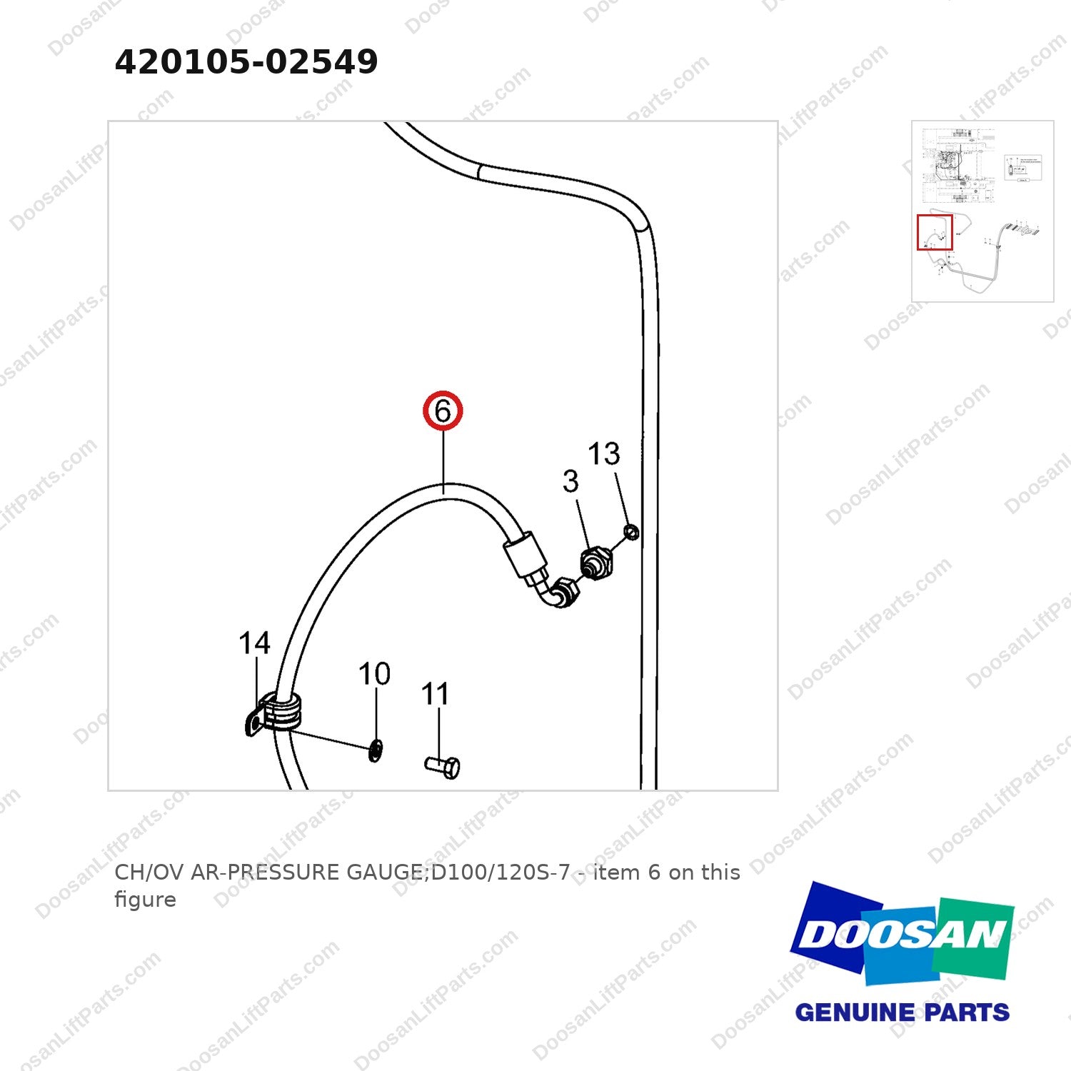 420105-02549 CH/OV AR-PRESSURE GAUGE;D100/120S-7 - parts diagram, item 6 shown - genuine Doosan / Bobcat forklift part