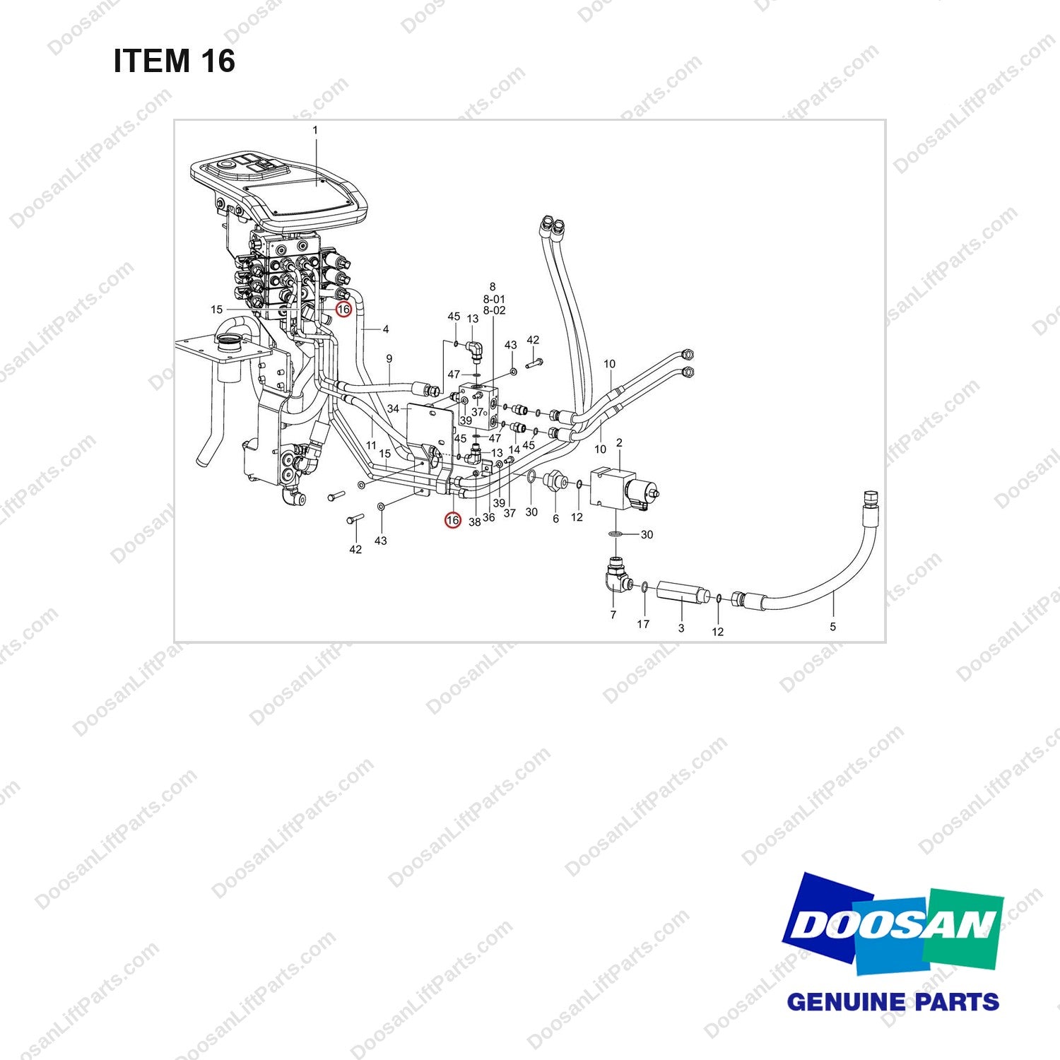420105-03056 LINE GROUP;FINGERTIP,3WAY - full parts diagram, item 16 marked - genuine Doosan / Bobcat forklift part