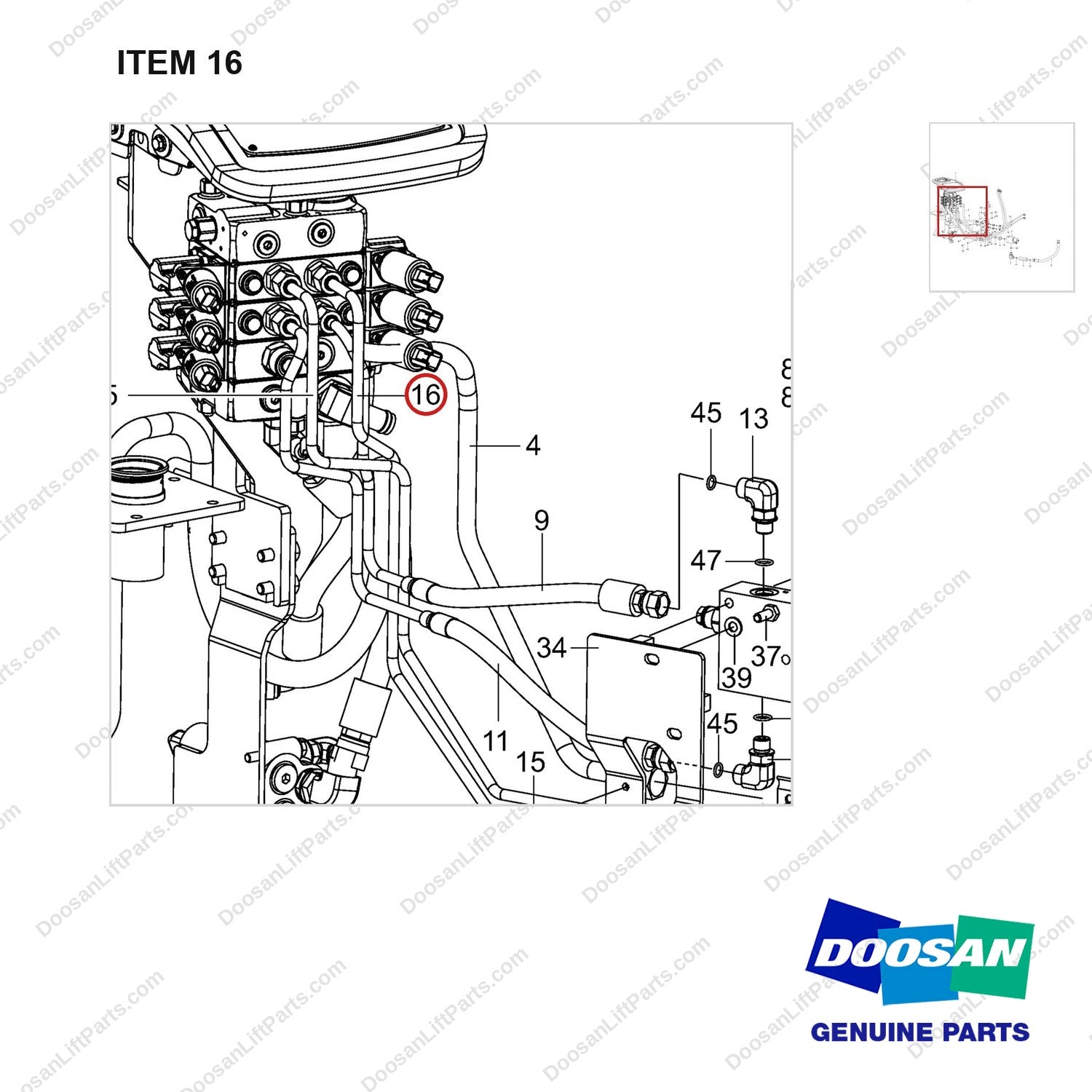 420105-03056 LINE GROUP;FINGERTIP,3WAY - parts diagram, item 16 shown - genuine Doosan / Bobcat forklift part