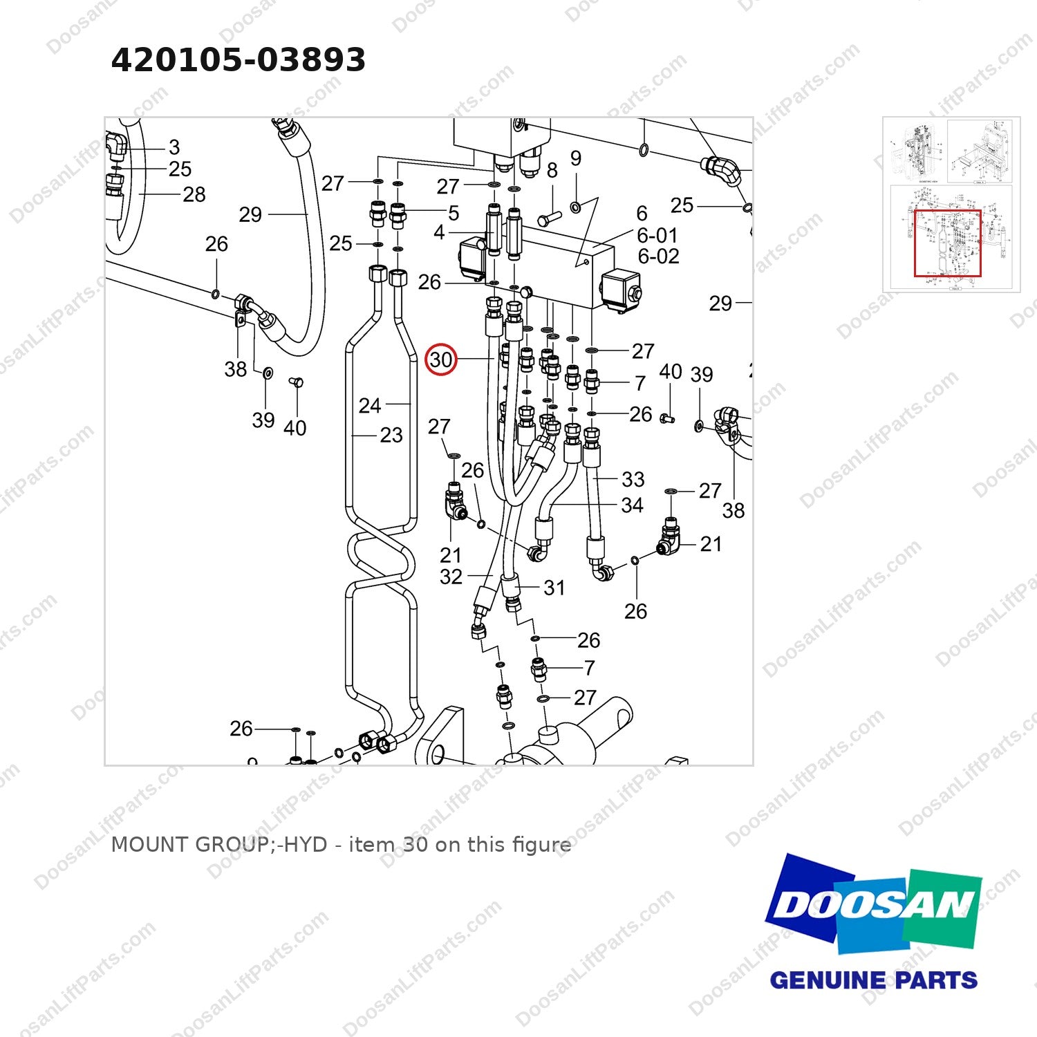 420105-03893 MOUNT GROUP;-HYD - parts diagram, item 30 shown - genuine Doosan / Bobcat forklift part