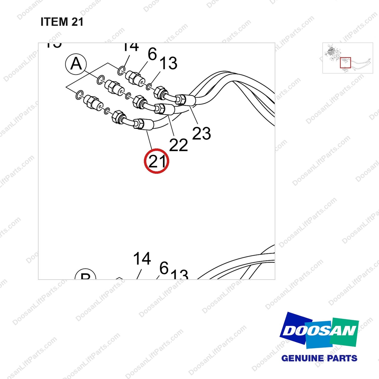 420105-04376 VALVE,MAIN CONTROL;3SPOOL,MAST HEIGHT SA - parts diagram, item 21 shown - genuine Doosan / Bobcat forklift part