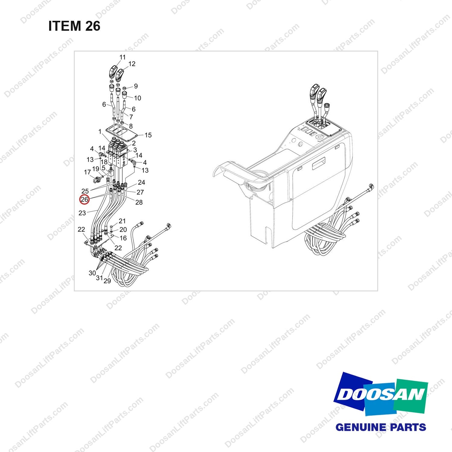 420105-04394 PILOT LEVER;3SEC/3LEV - full parts diagram, item 26 marked - genuine Doosan / Bobcat forklift part