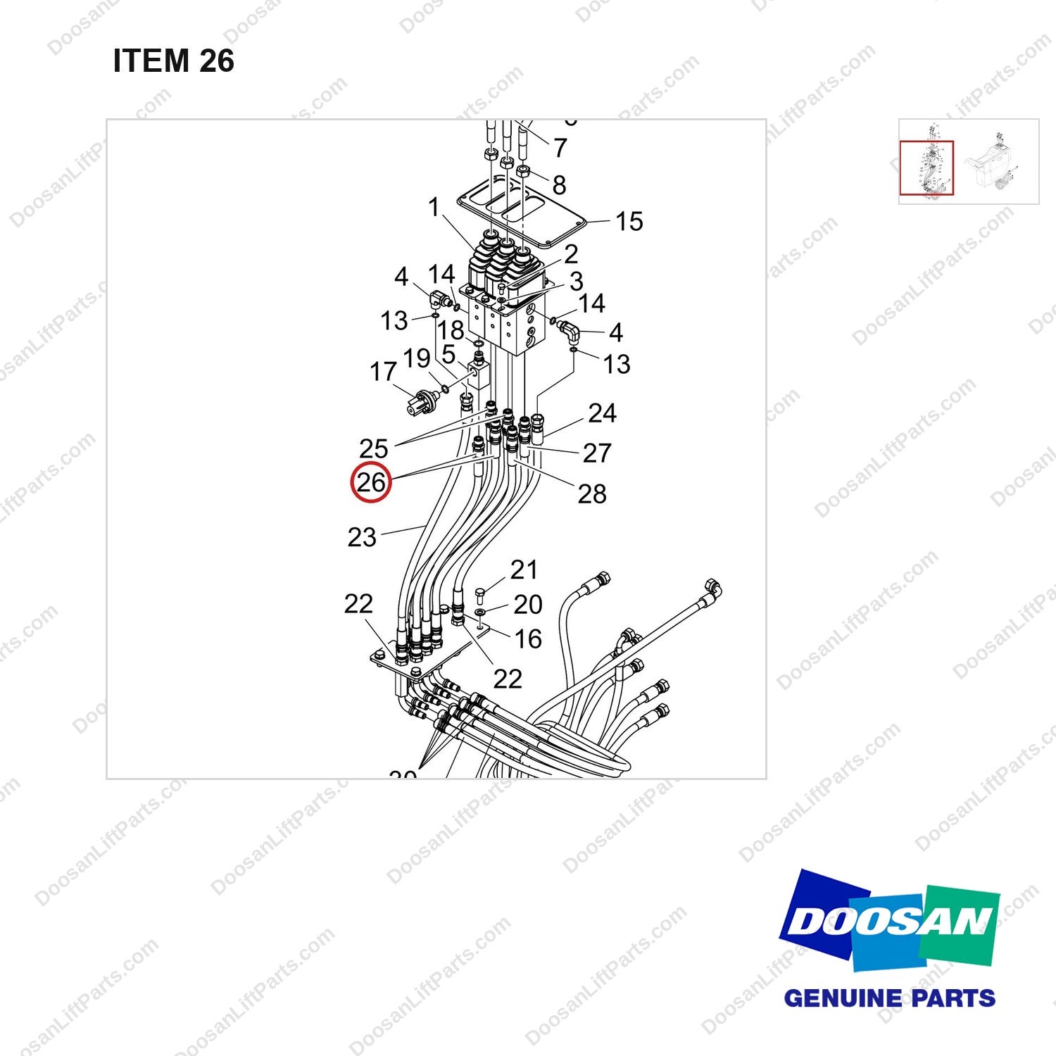 420105-04394 PILOT LEVER;3SEC/3LEV - parts diagram, item 26 shown - genuine Doosan / Bobcat forklift part