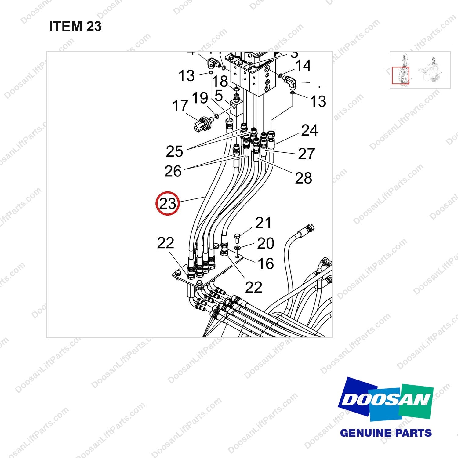 420105-04397 PILOT LEVER;3SEC/3LEV - parts diagram, item 23 shown - genuine Doosan / Bobcat forklift part