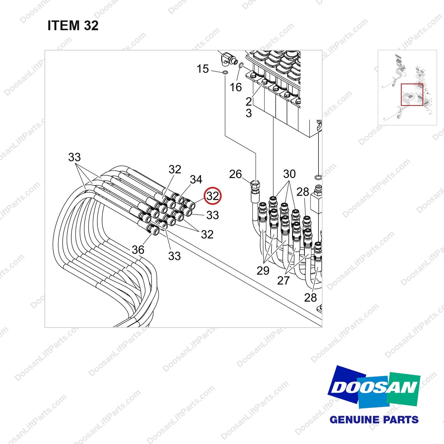 420105-04402 PILOT LEVER;5SEC/5LEV;DV180S-9 - parts diagram, item 32 shown - genuine Doosan / Bobcat forklift part