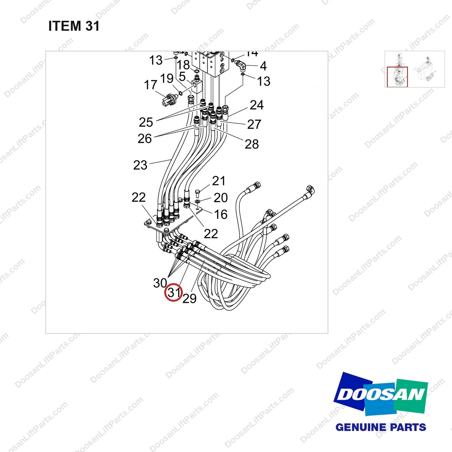 420105-04404 PILOT LEVER;3SEC/3LEV - parts diagram, item 31 shown - genuine Doosan / Bobcat forklift part