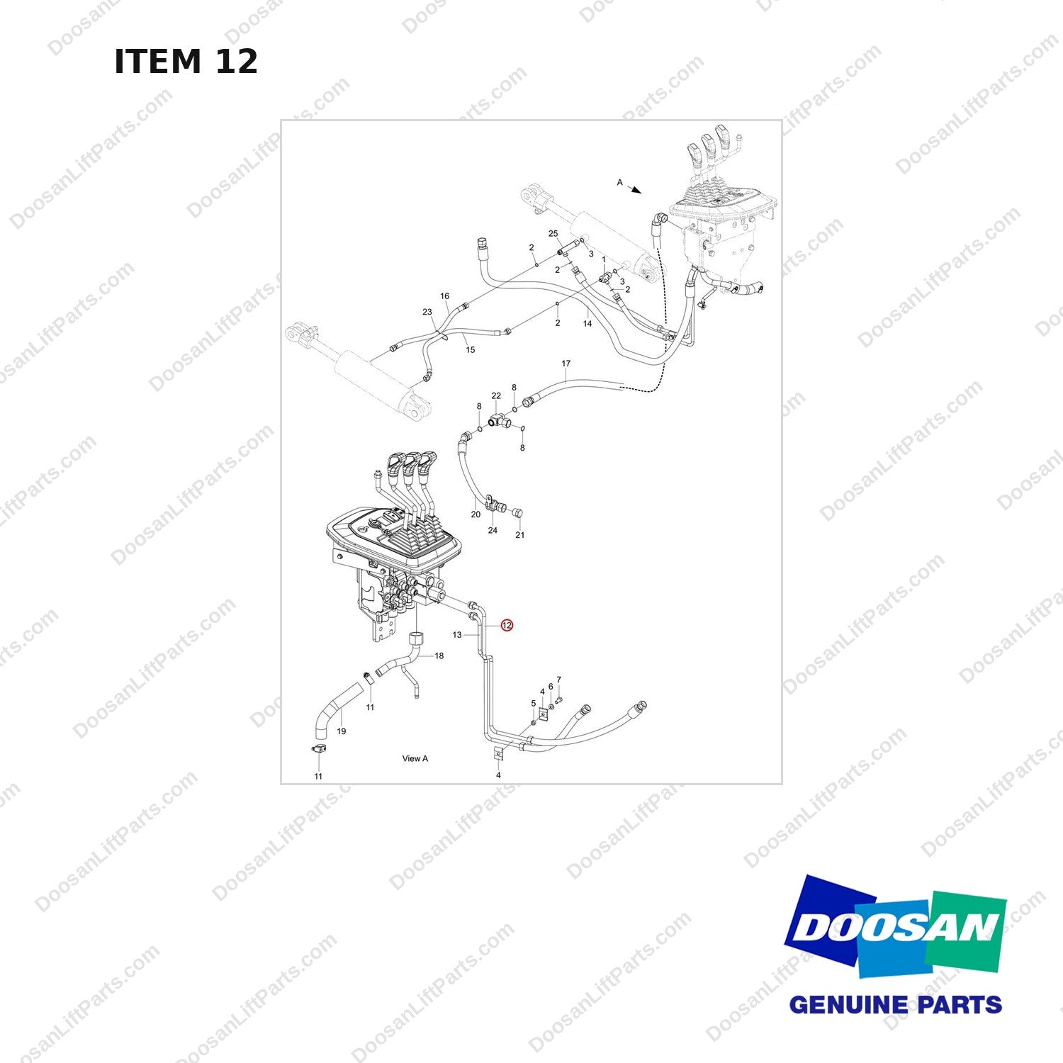 420105-04854 CONTROL VALVE MAST OPERATING LINES GP;D25S-9_ - full parts diagram, item 12 marked - genuine Doosan / Bobcat forklift part