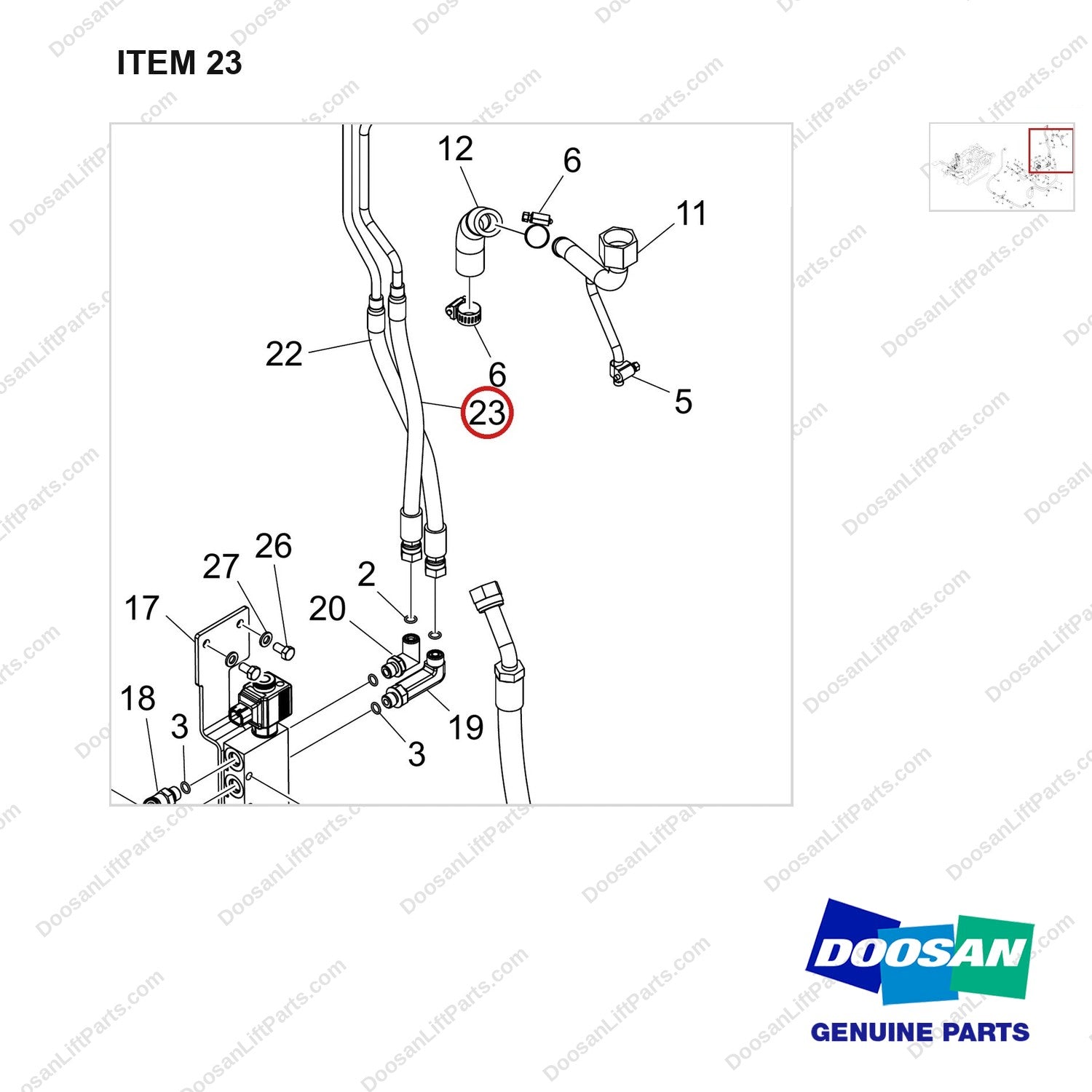 420105-05448 MAST OPERATING LINE GP;GSS - parts diagram, item 23 shown - genuine Doosan / Bobcat forklift part