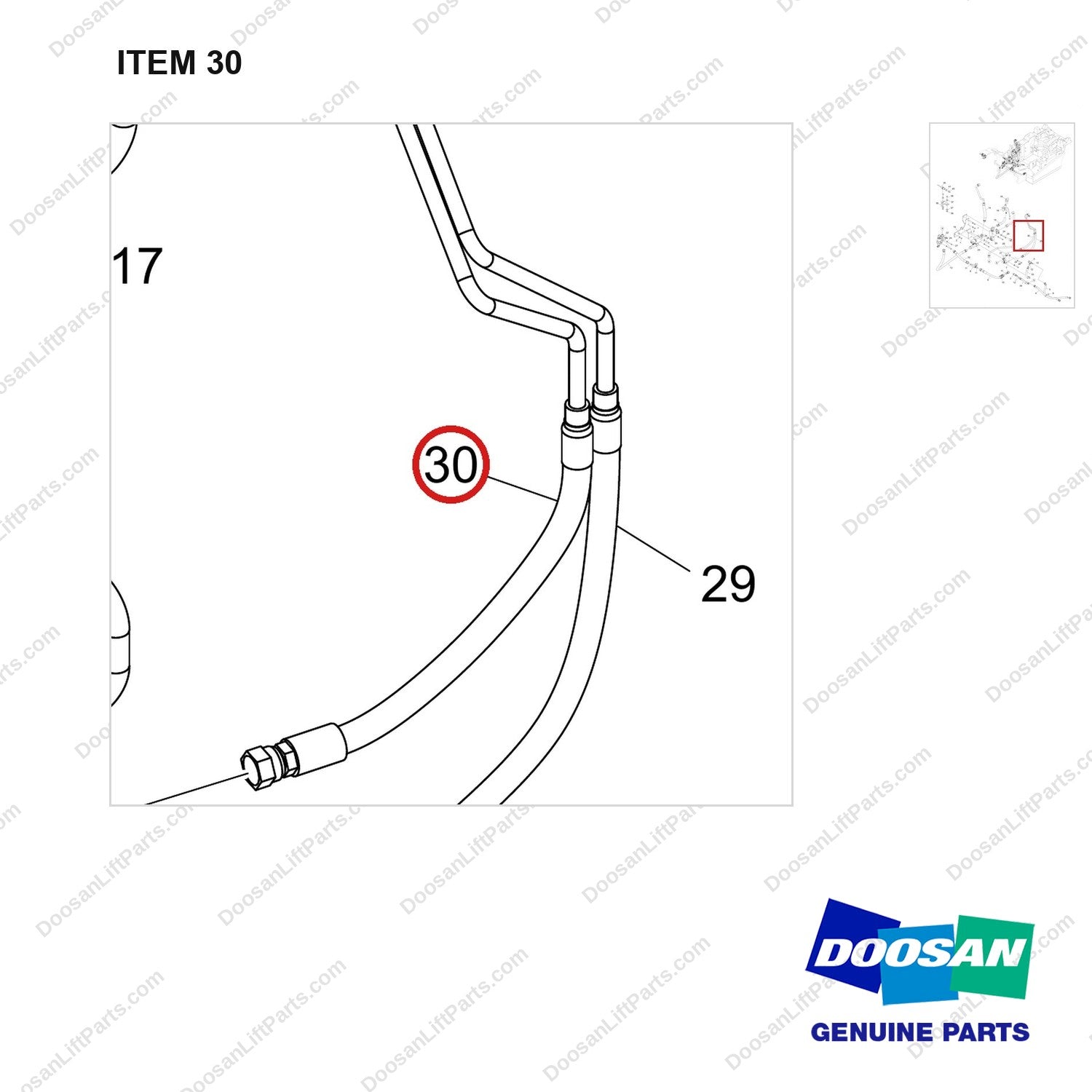 420105-05636 MAST OPERATING LINE GP;FINGERTIP W/GSS - parts diagram, item 30 shown - genuine Doosan / Bobcat forklift part