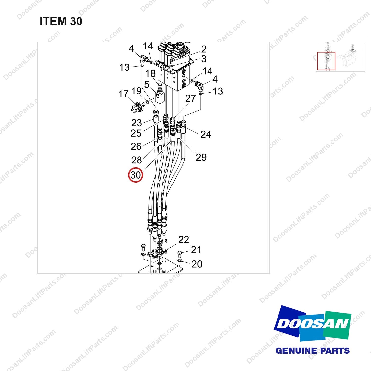 420105-05661 PILOT LEVER;3SEC/3LEV - parts diagram, item 30 shown - genuine Doosan / Bobcat forklift part