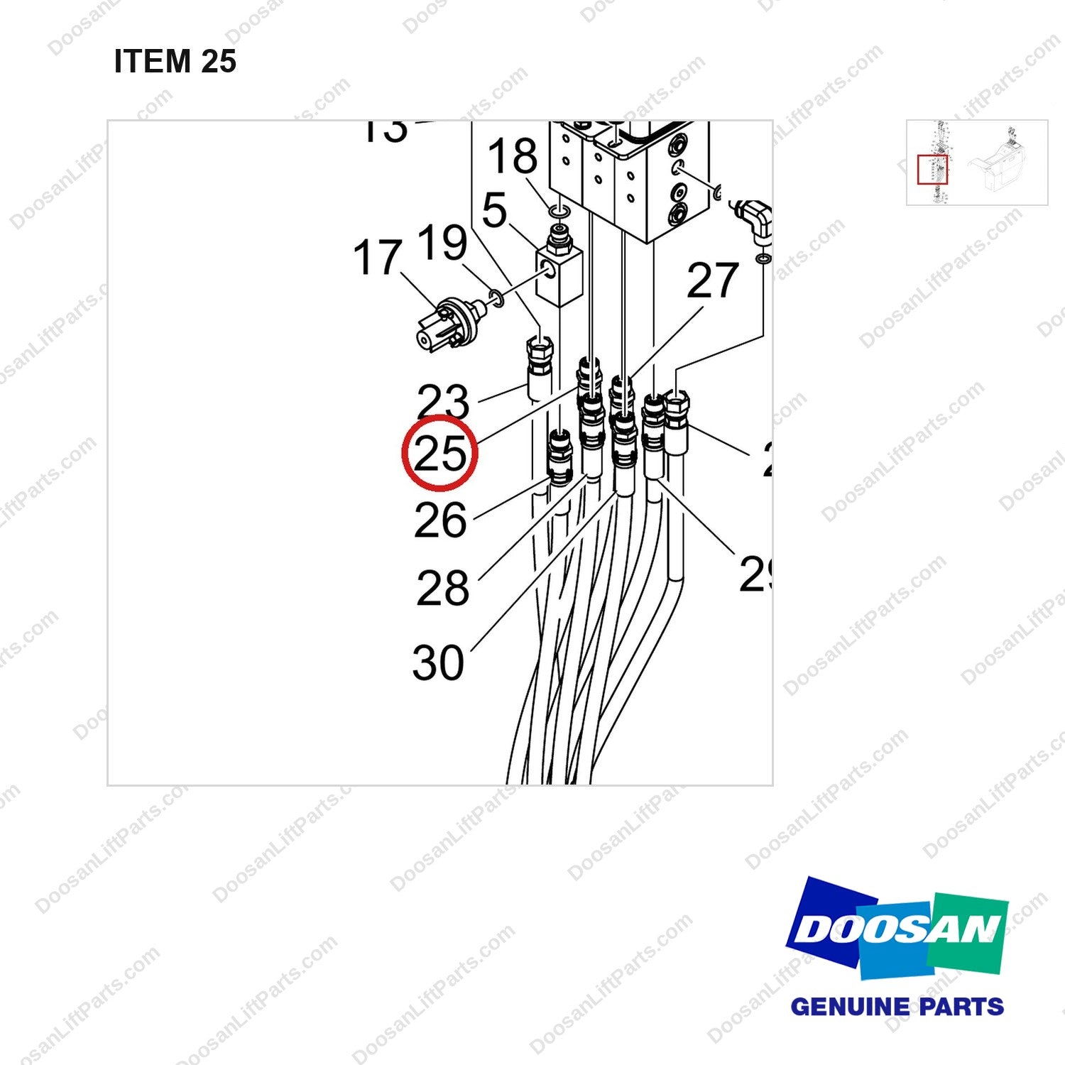 420105-05666 PILOT LEVER;3SEC/3LEV - parts diagram, item 25 shown - genuine Doosan / Bobcat forklift part