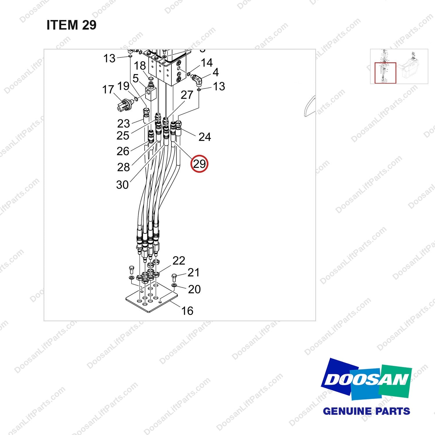 420105-05668 PILOT LEVER;3SEC/3LEV - parts diagram, item 29 shown - genuine Doosan / Bobcat forklift part