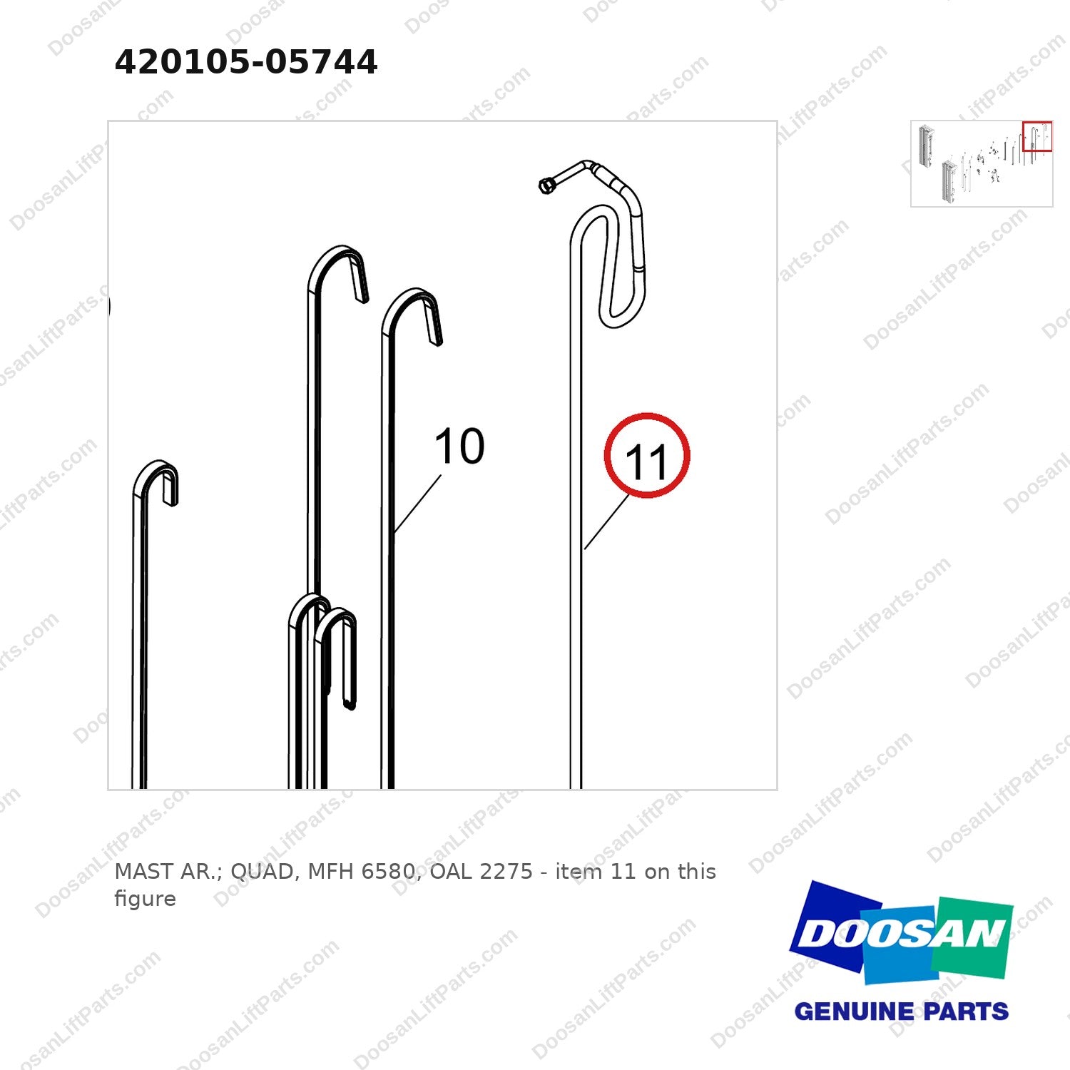 420105-05744 MAST AR.; QUAD, MFH 6580, OAL 2275 - parts diagram, item 11 shown - genuine Doosan / Bobcat forklift part