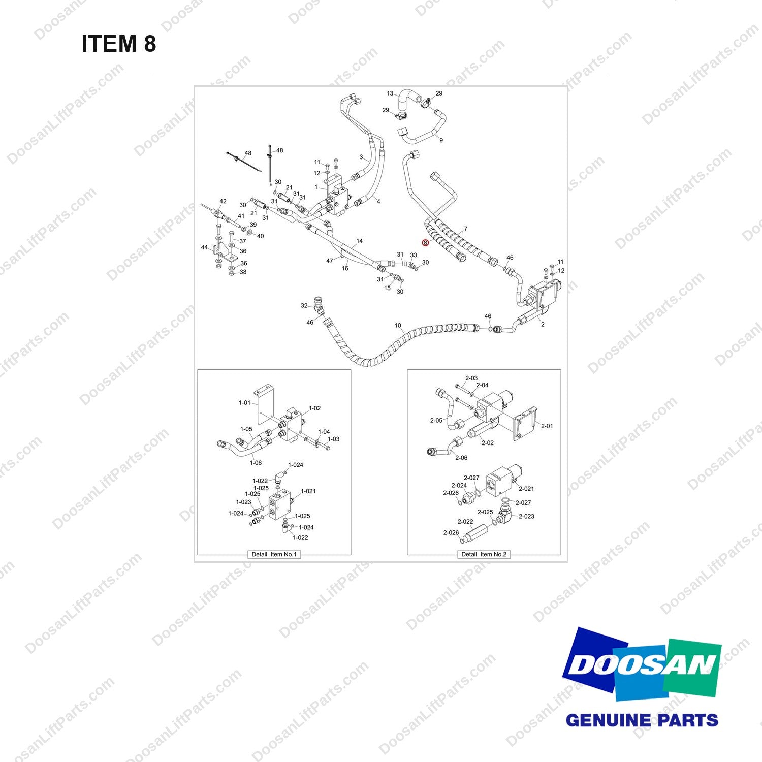 420105-05974 MAST OPERATING LINE GROUP_LINE;FINGER-TI - full parts diagram, item 8 marked - genuine Doosan / Bobcat forklift part