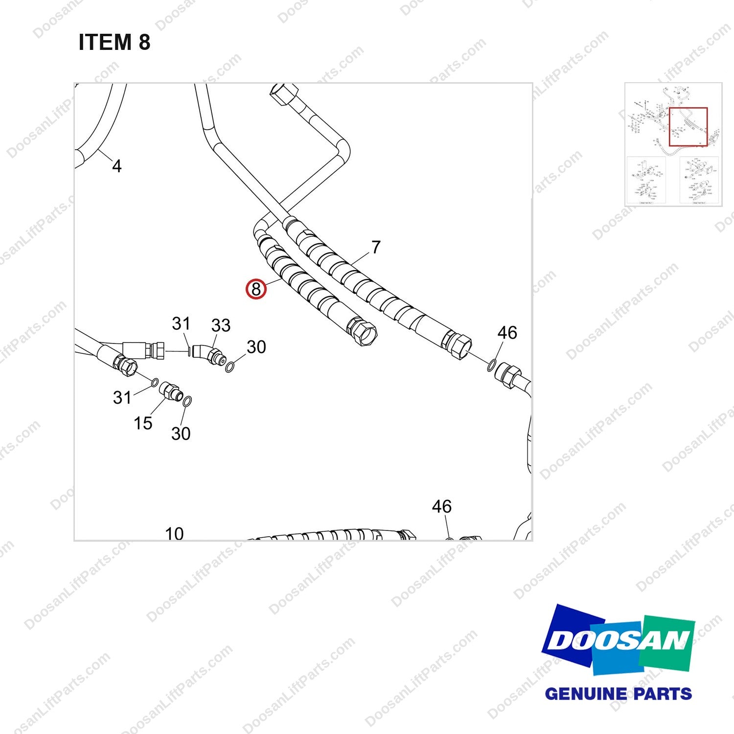 420105-05974 MAST OPERATING LINE GROUP_LINE;FINGER-TI - parts diagram, item 8 shown - genuine Doosan / Bobcat forklift part