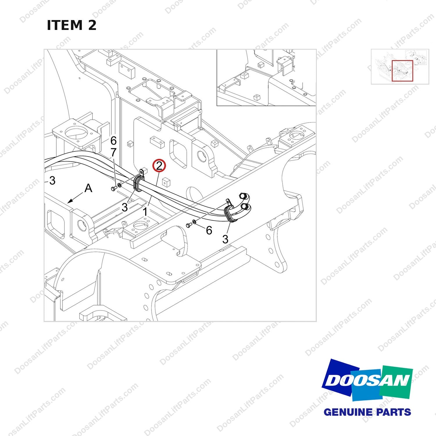 420105-06131 CHASSIS POWER STEERING CYLINDER LINE_SUB - parts diagram, item 2 shown - genuine Doosan / Bobcat forklift part