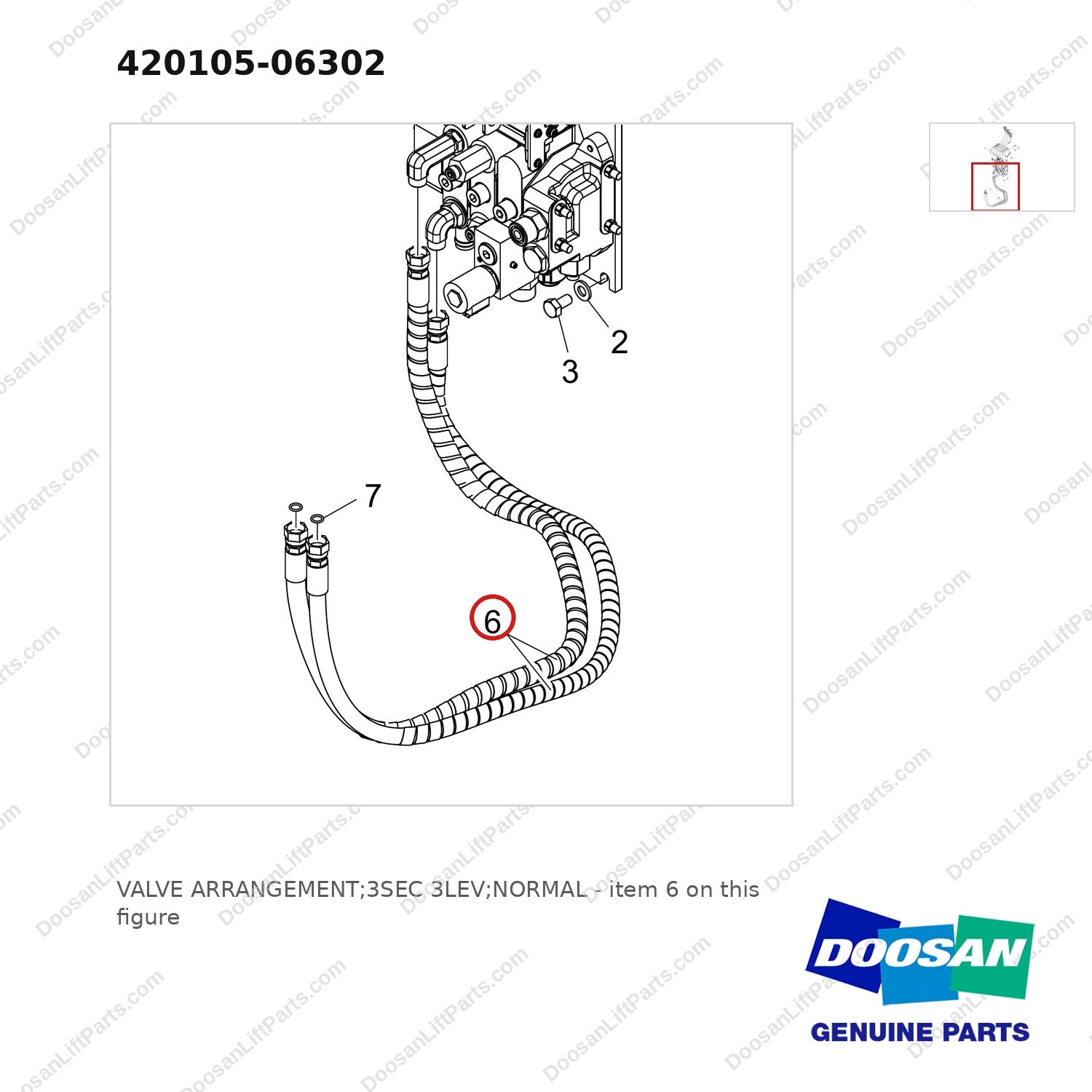 420105-06302 VALVE ARRANGEMENT;3SEC 3LEV;NORMAL - parts diagram, item 6 shown - genuine Doosan / Bobcat forklift part