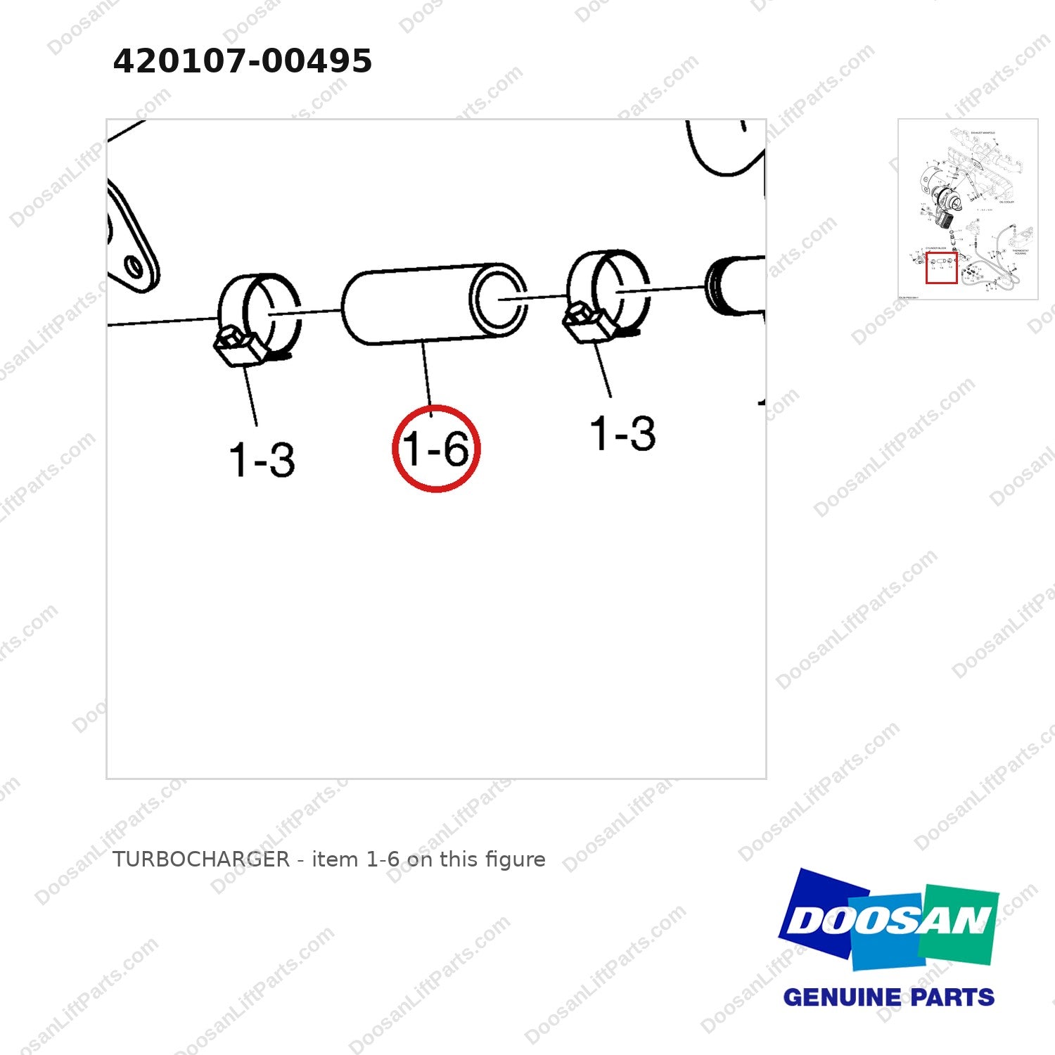 420107-00495 TURBOCHARGER - parts diagram, item 1-6 shown - genuine Doosan / Bobcat forklift part